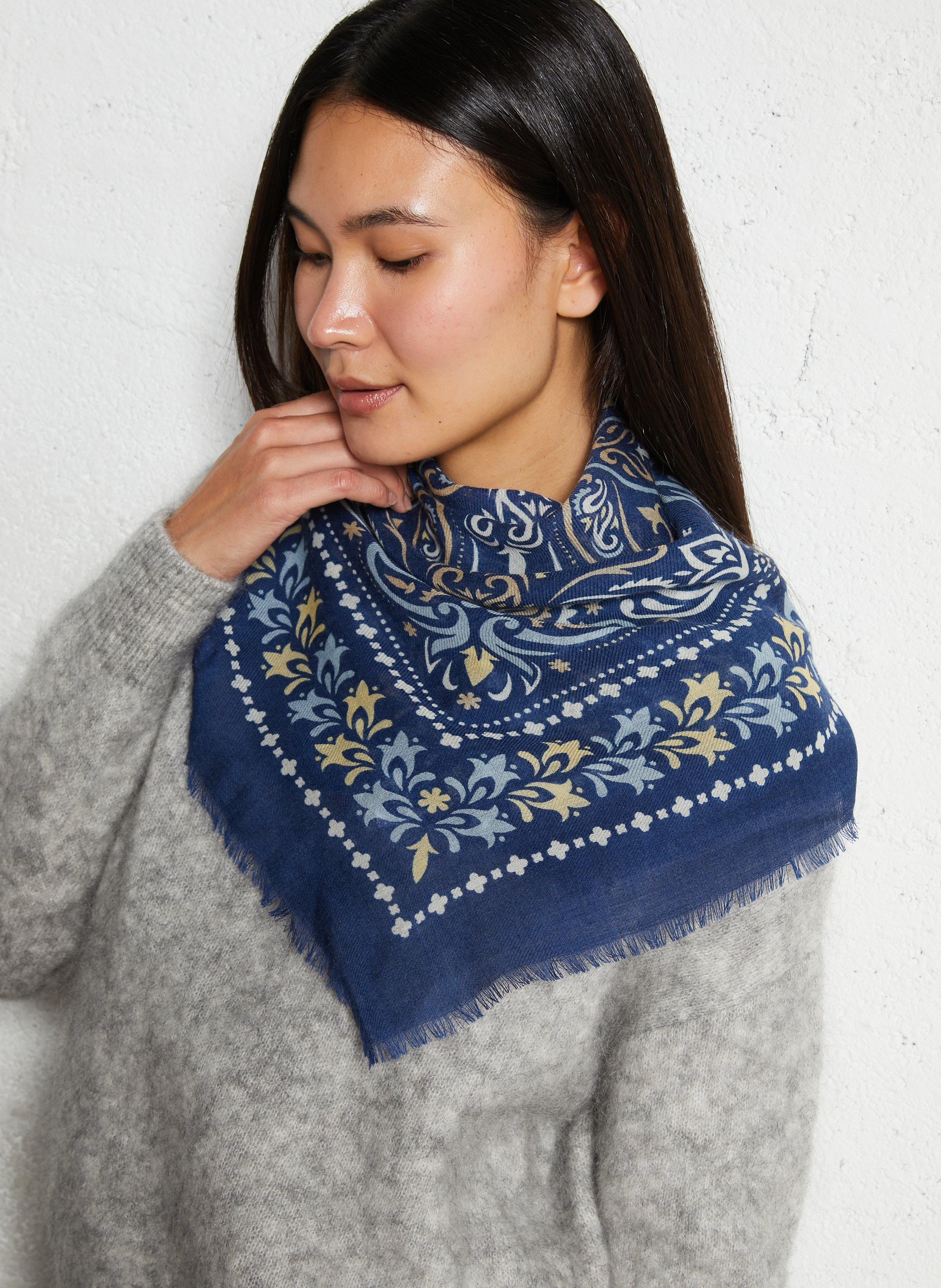 Haddock wool and silk printed scarf MAISON LECOMTE FLAMENT Blue