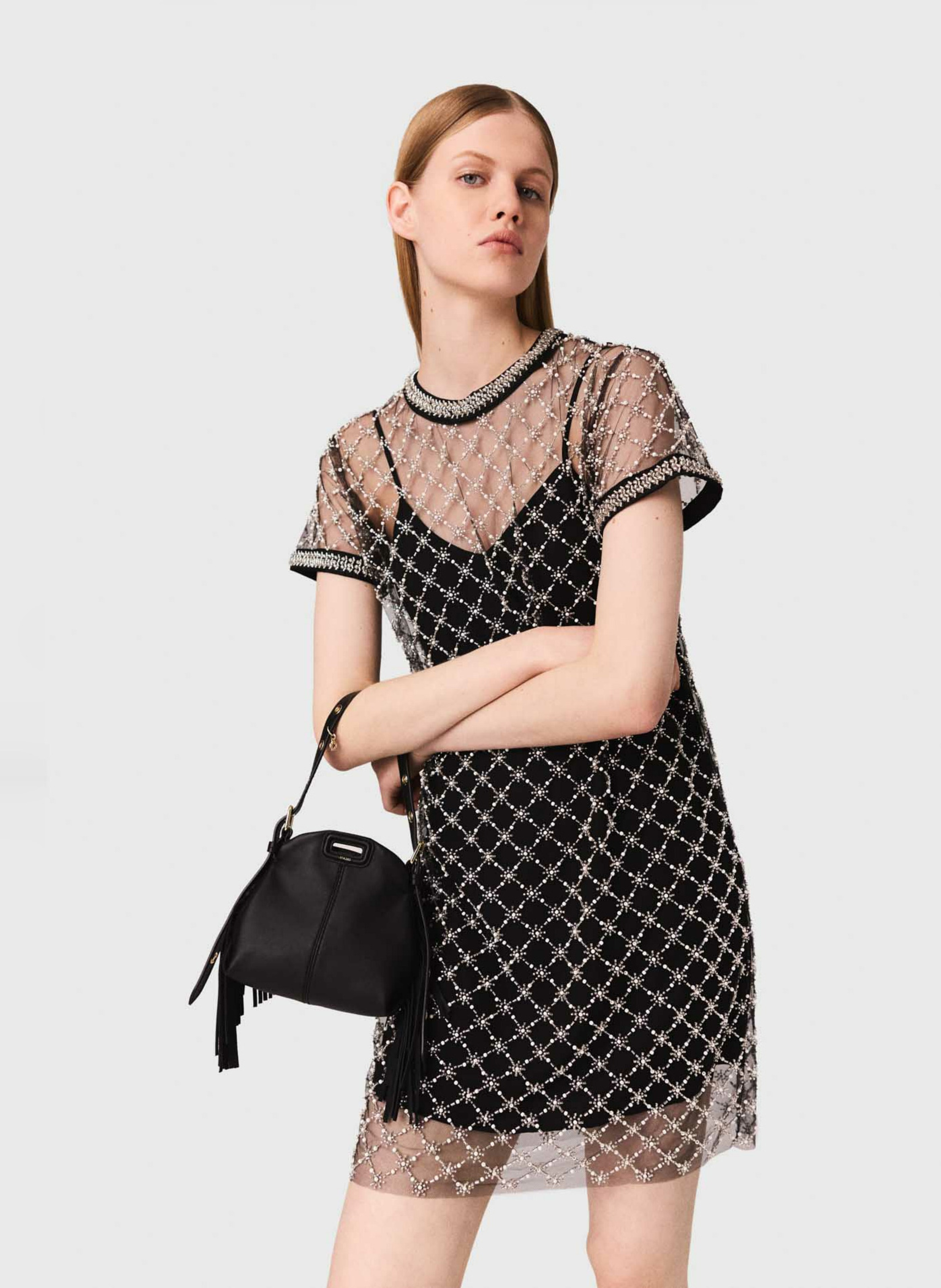 Short straight dress with beaded transparency MAJE Black
