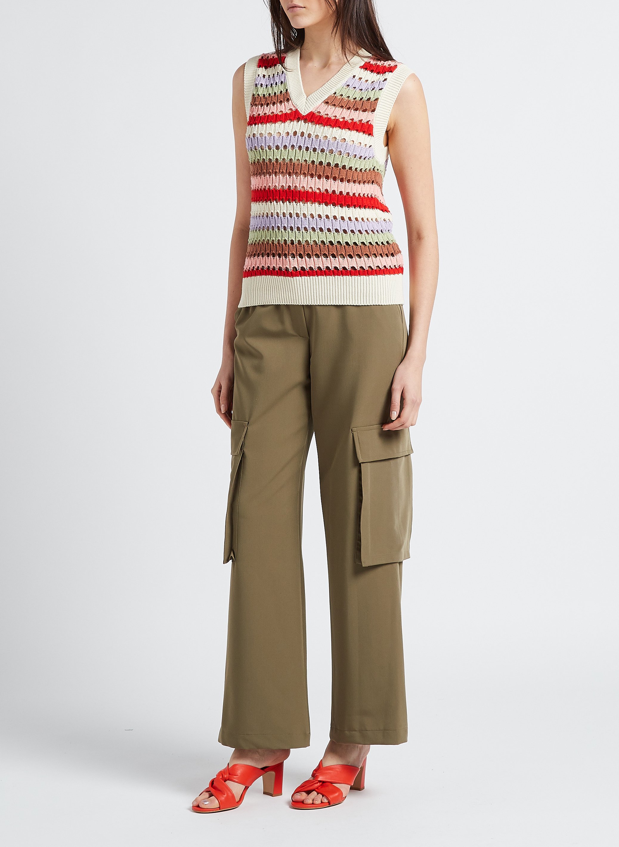 Pull col V rayé en coton LA PETITE FRANCAISE Beige