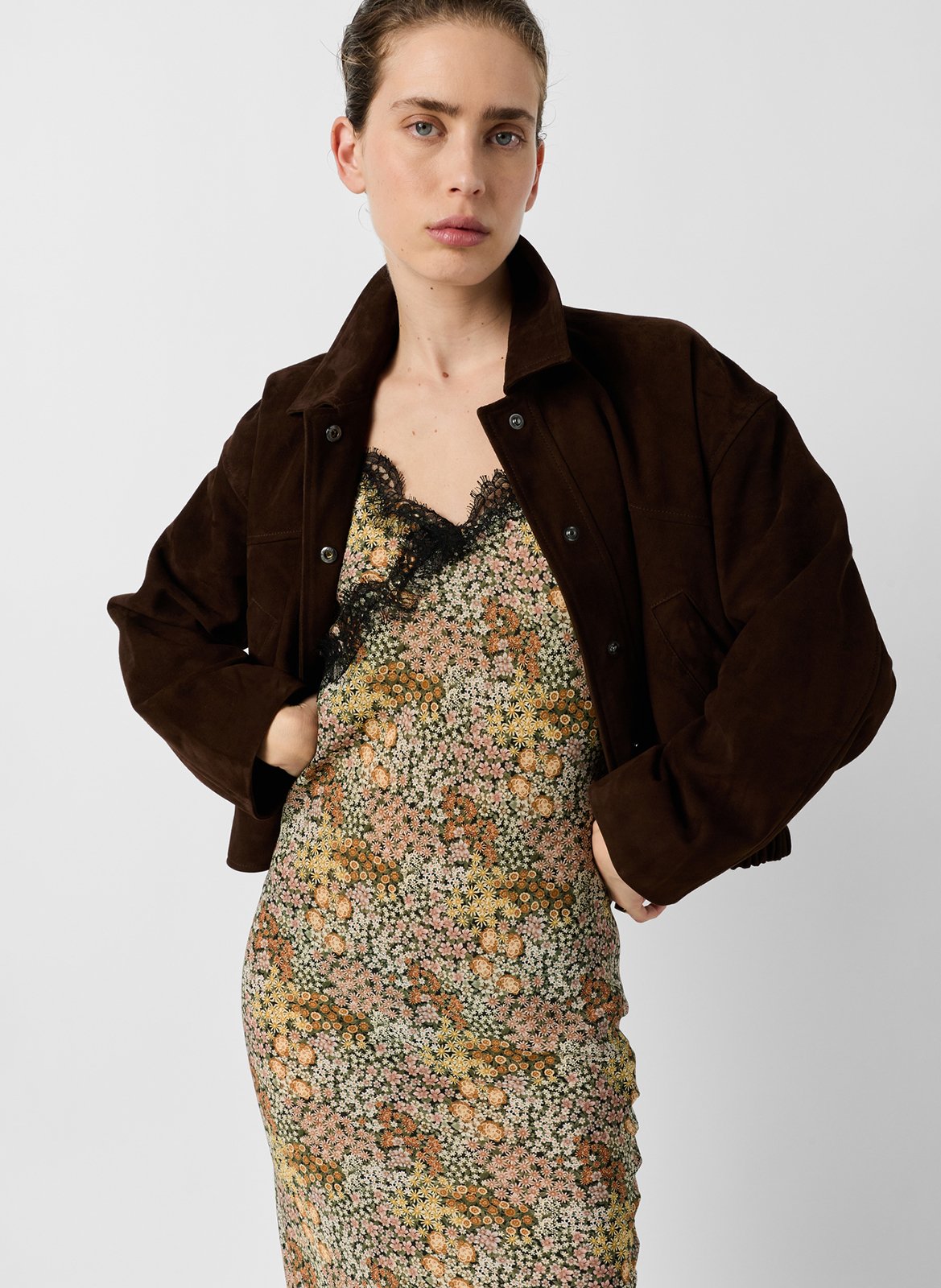 Straight jacket with classic collar in suede leather GERARD DAREL Brown