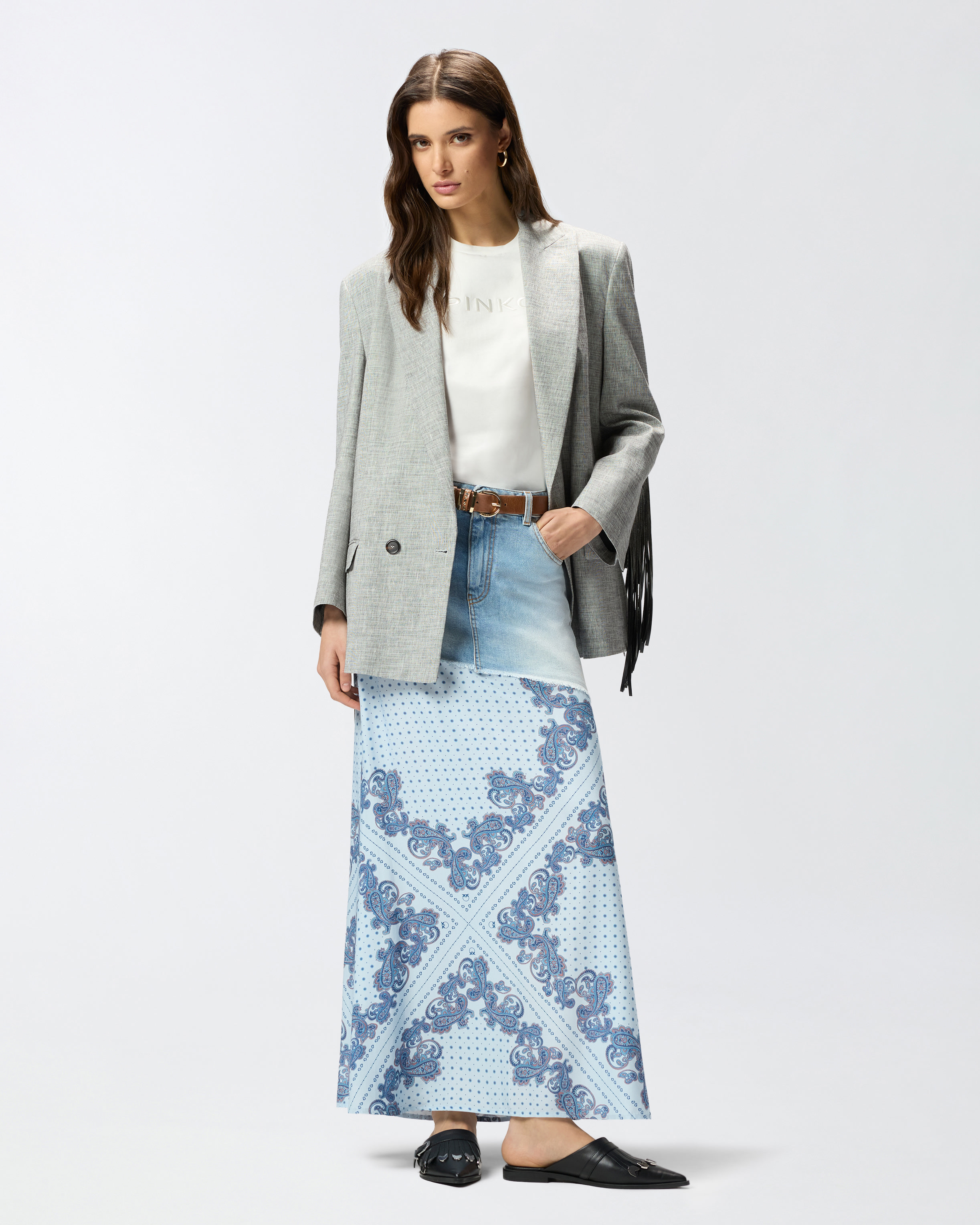 Long denim skirt with scarf print PINKO Multicolored