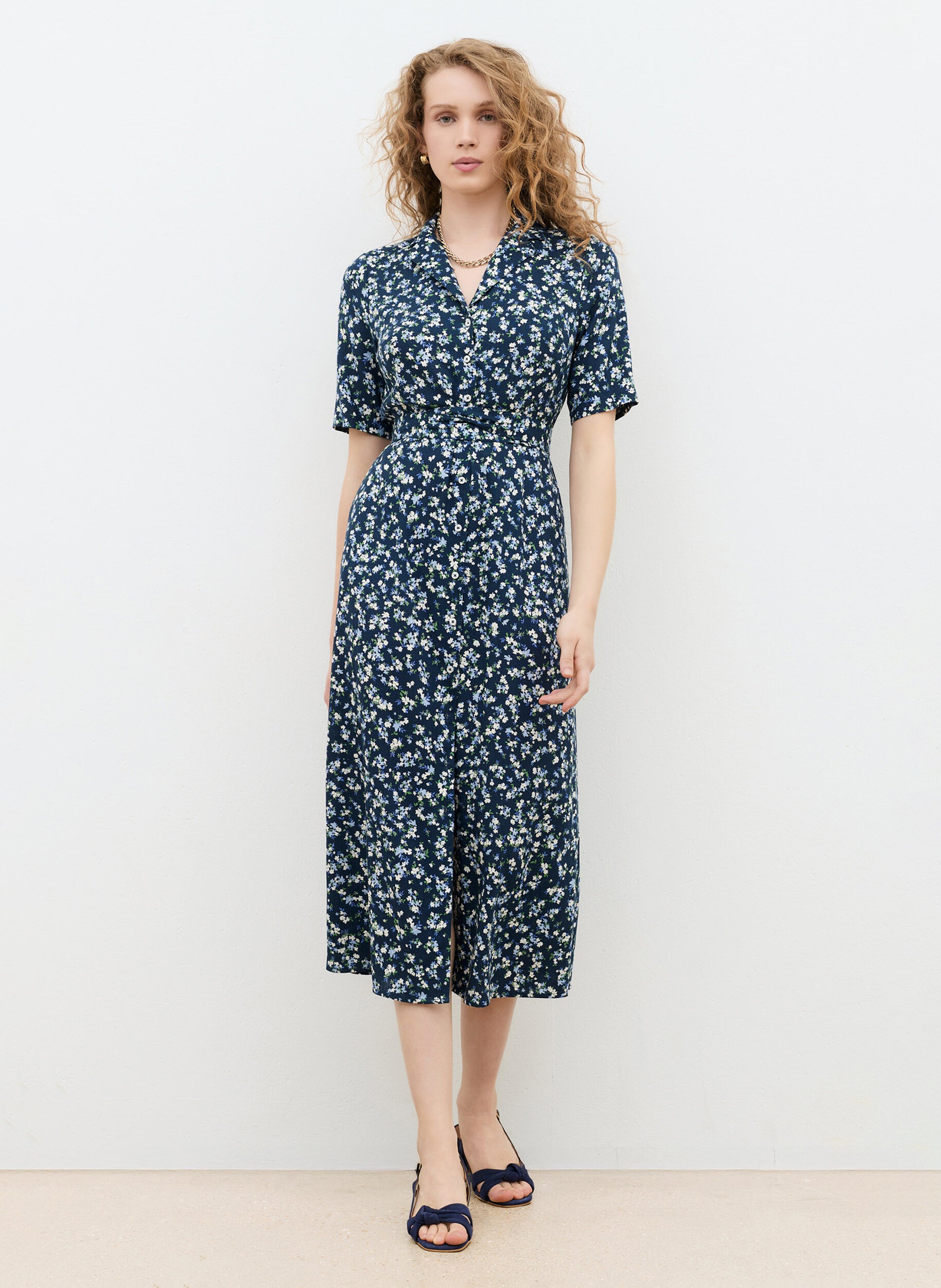 Robe midi ceinturée imprimée CAROLL Bleu