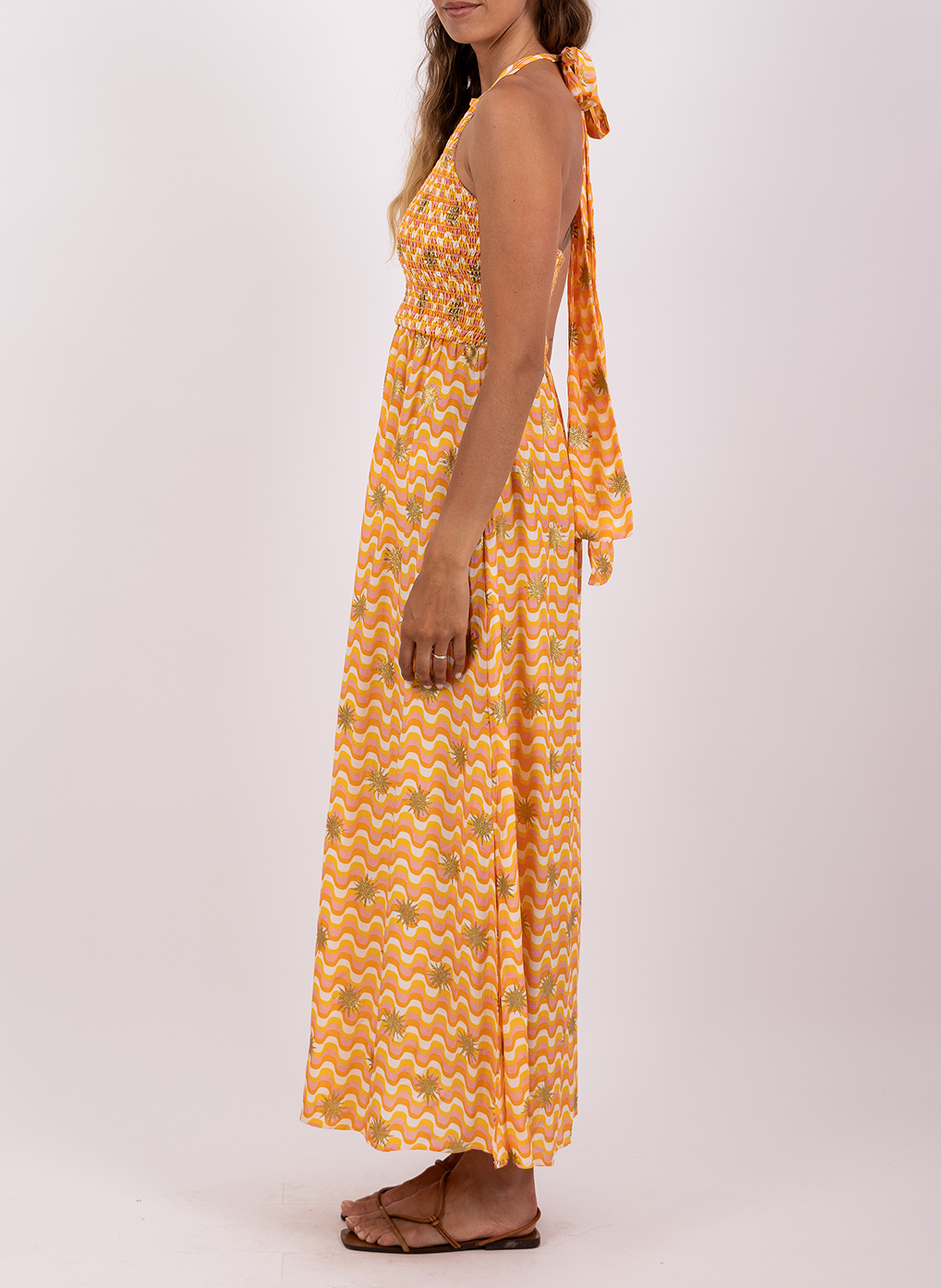 Sleeveless long dress with patterns SUNDRESS Yellow