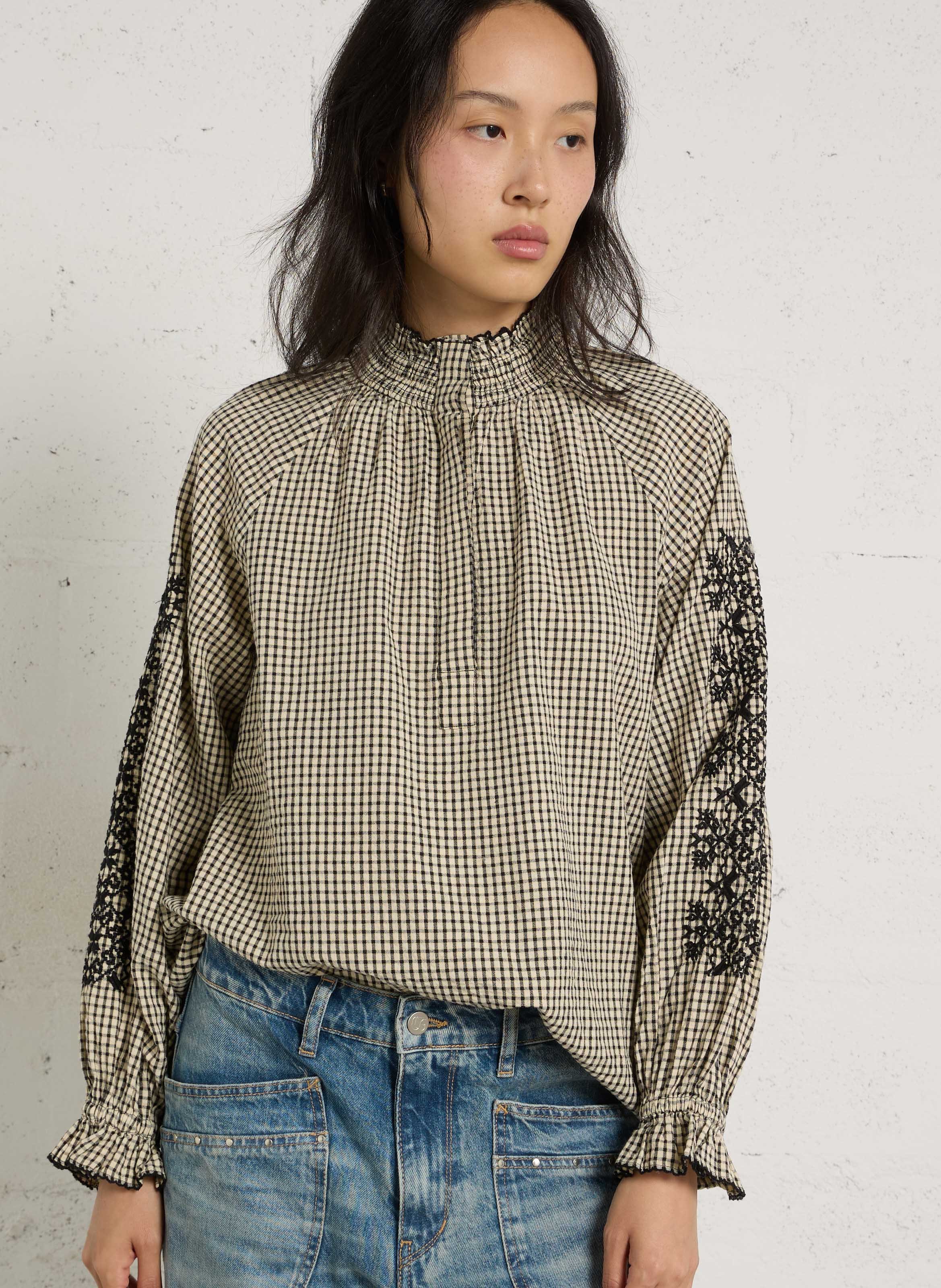 Blouse col montant à carreaux SUD EXPRESS Blanc