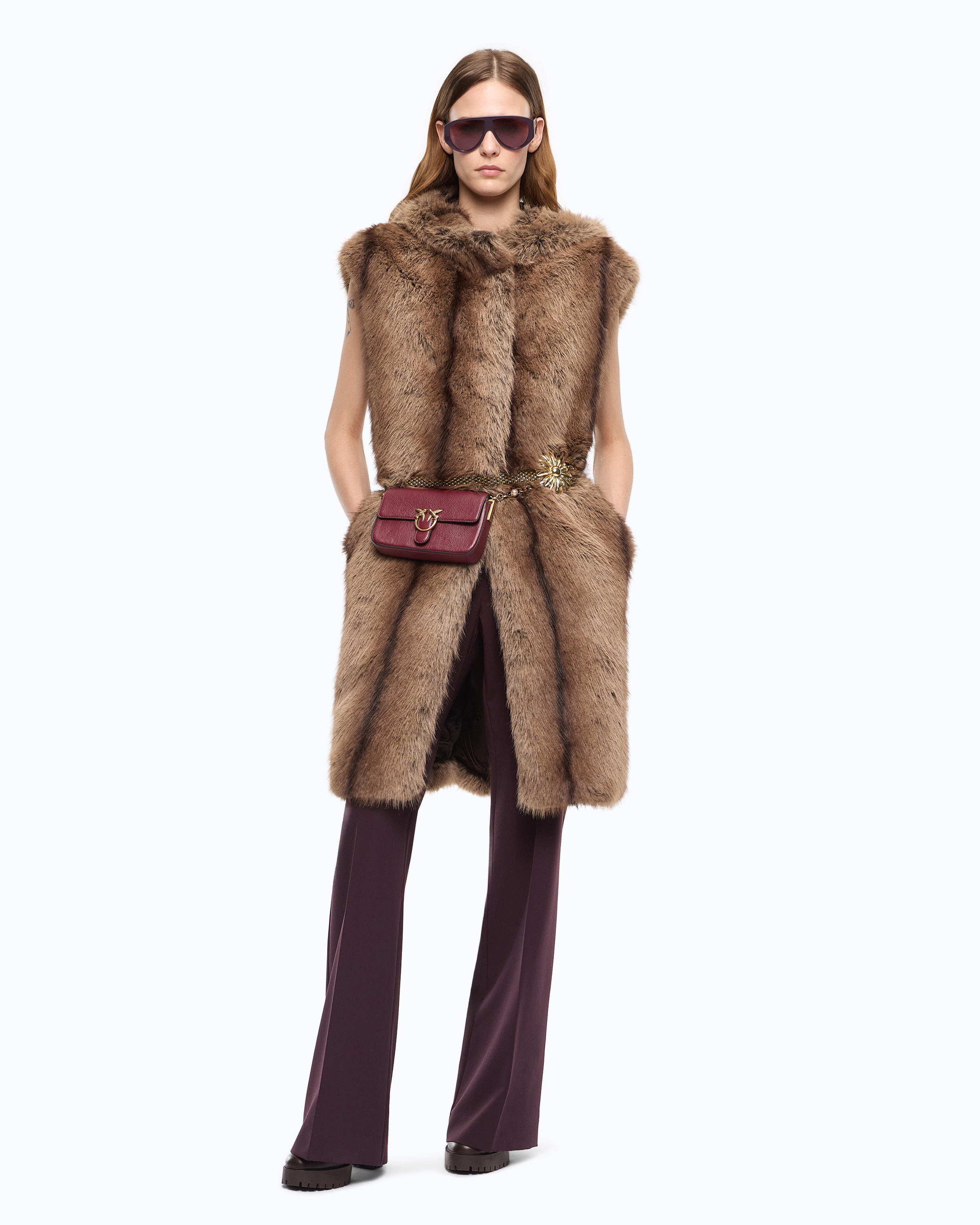 Gilet long ceinturé en fourrure synthétique PINKO Multicolore