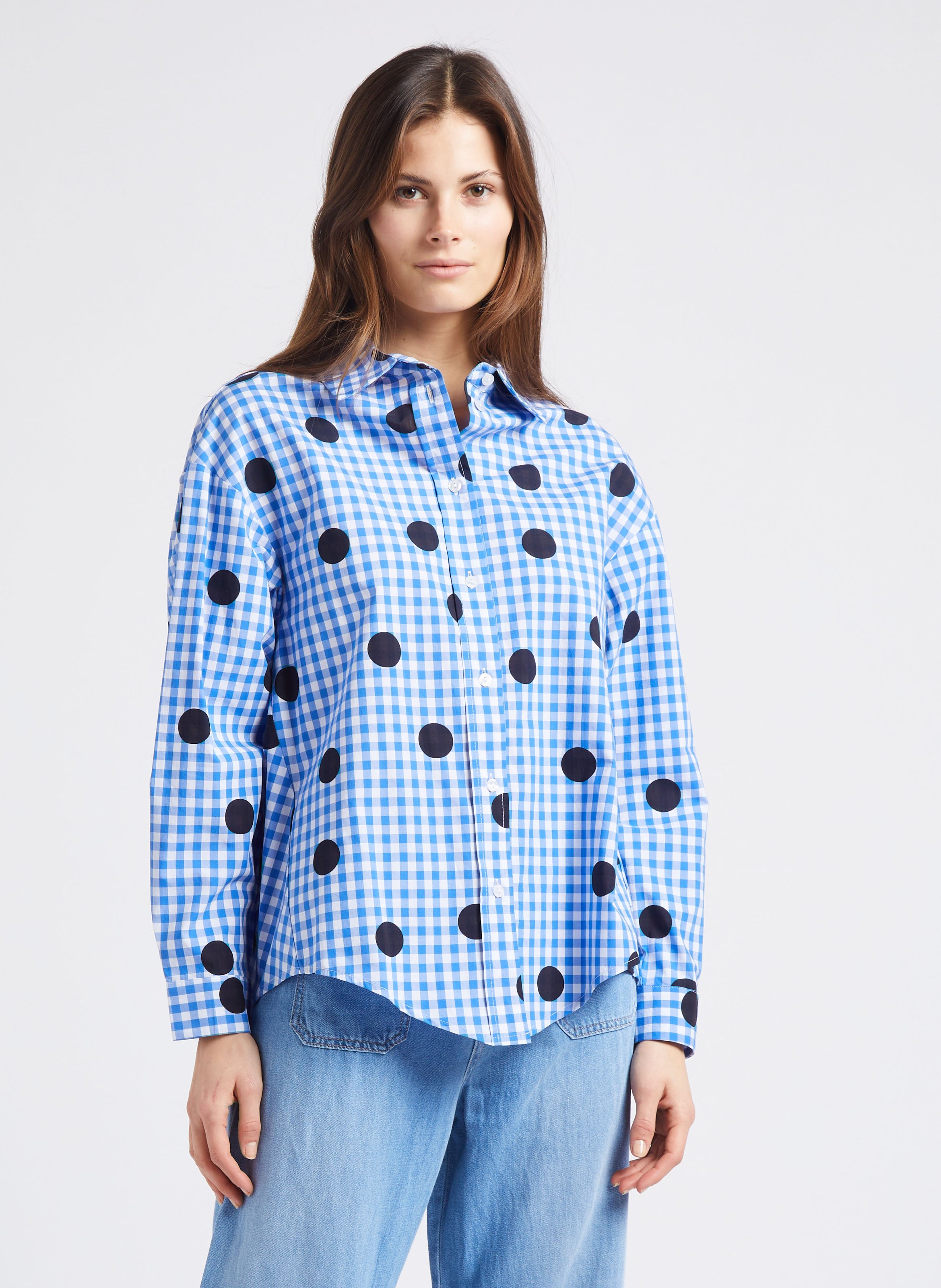 Straight-cut spotted and checked cotton shirt PLEASE Blue