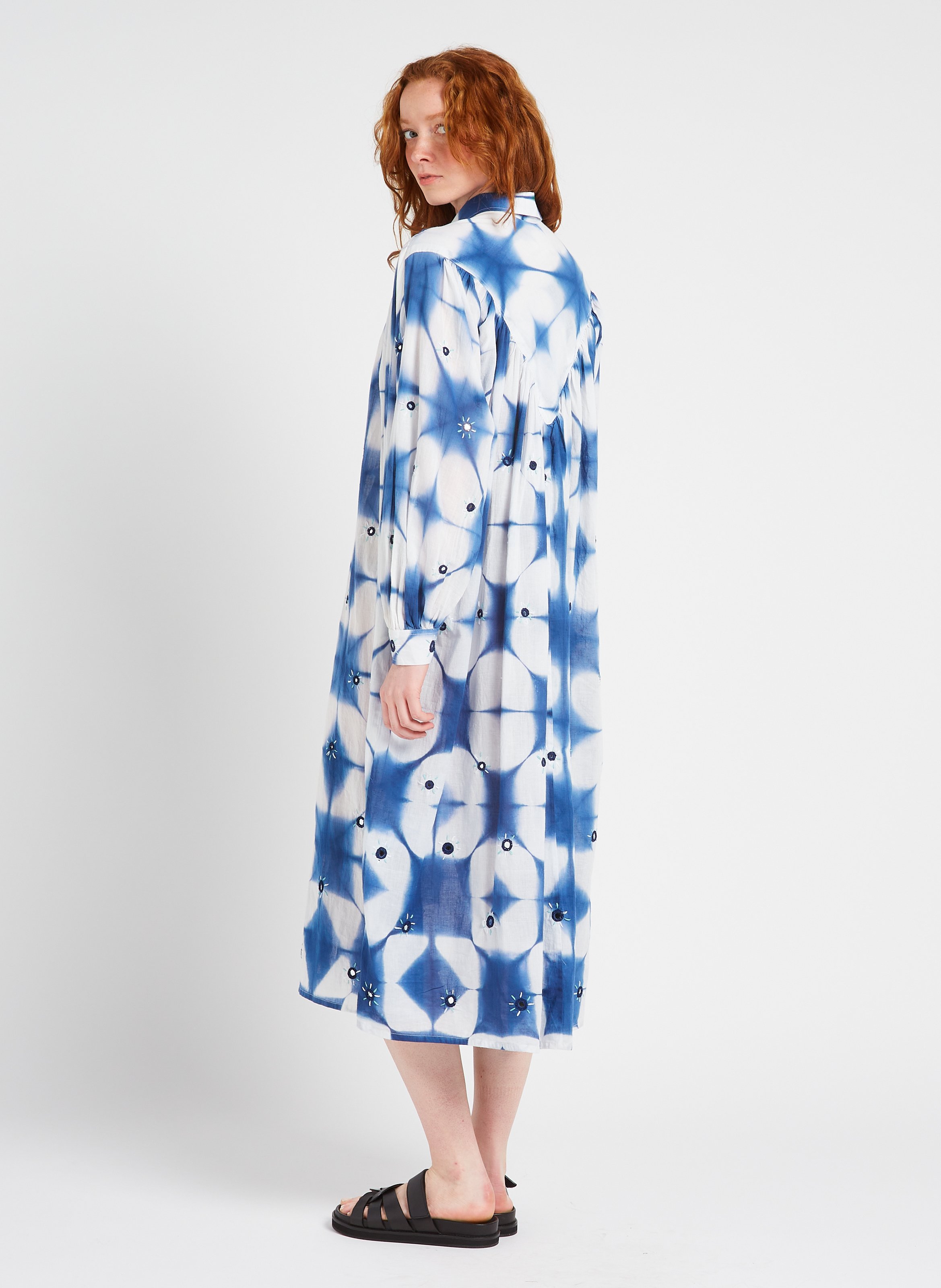 Midi shirt collar tie and dye cotton dress V DE VINSTER Blue