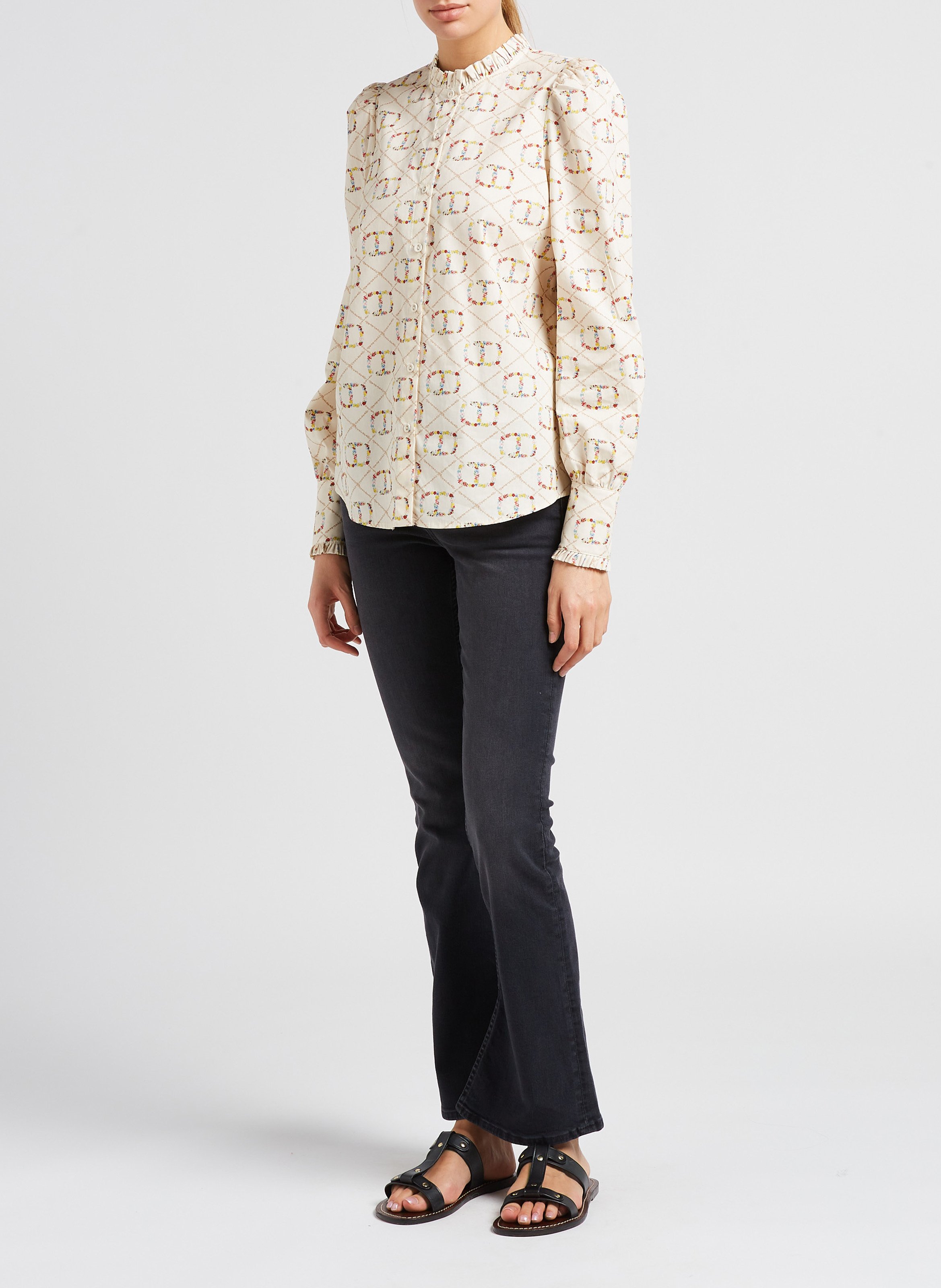 Round-neck printed cotton shirt TWINSET Beige
