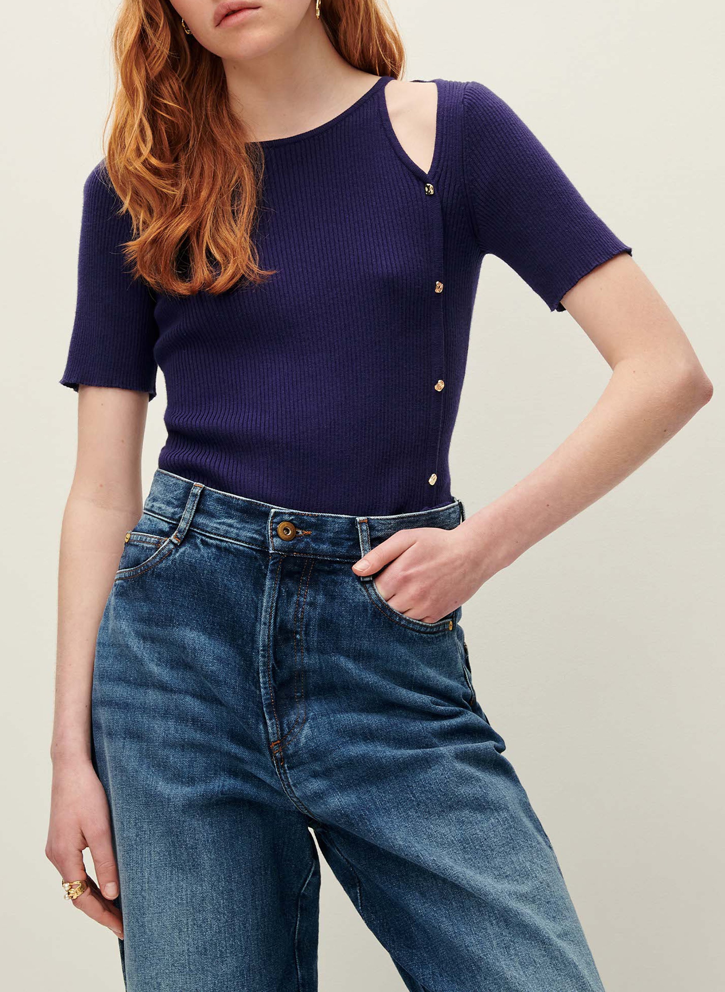 Pull moulant col rond en coton SESSUN Bleu