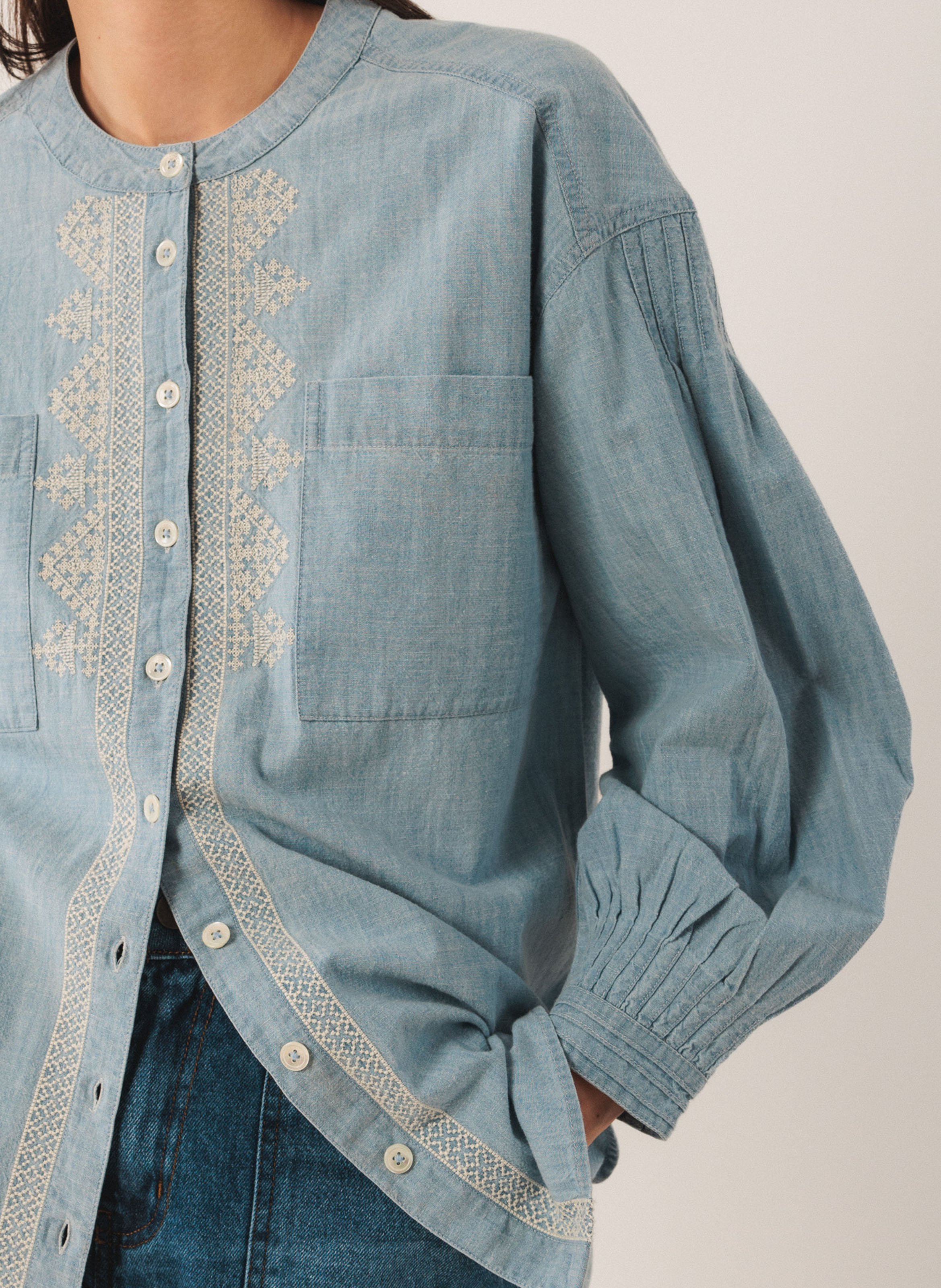 Chemise droite col rond en coton INDI & COLD Bleu