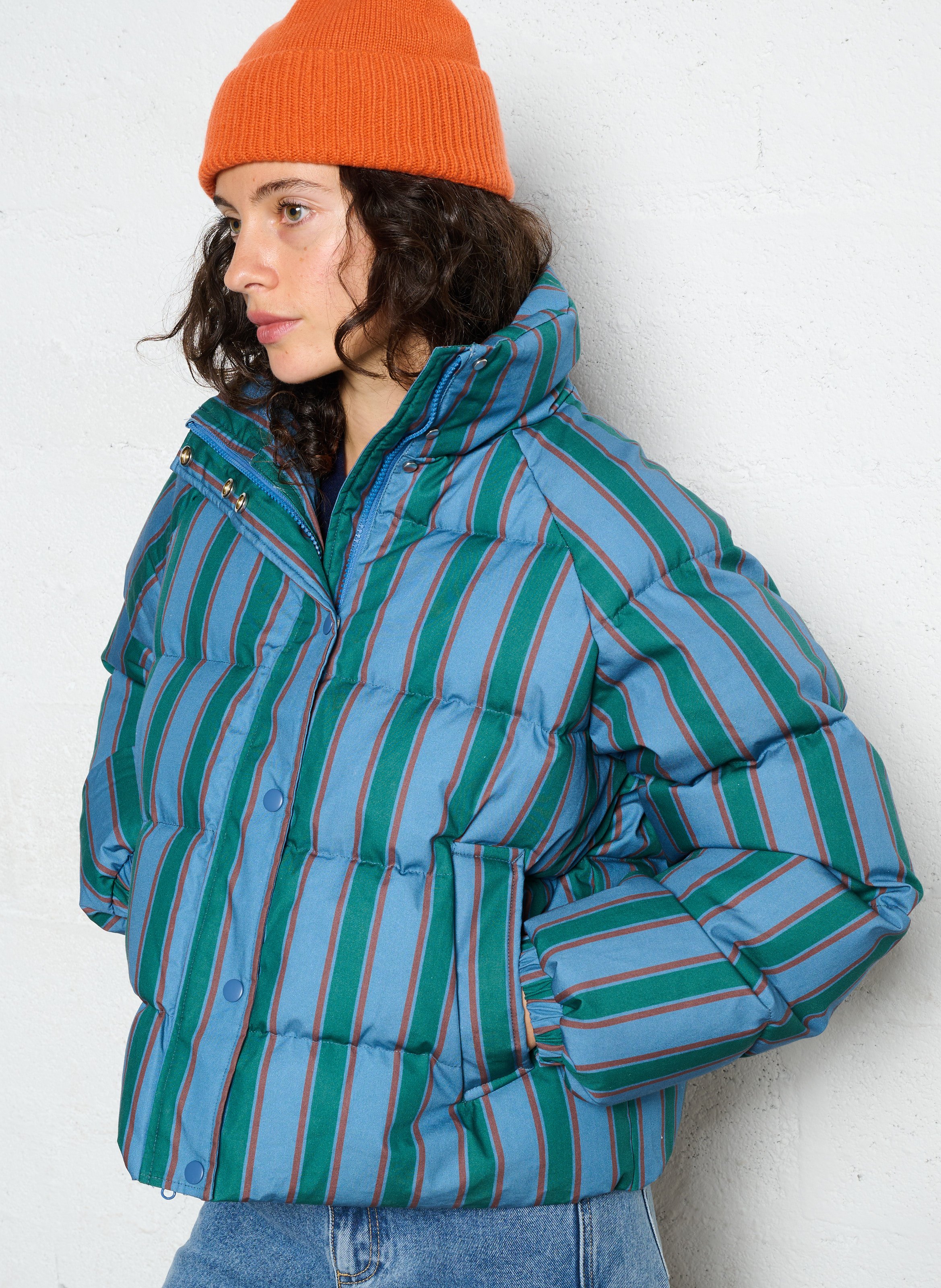 Doudoune oversize col montant en coton rayé THE TINY BIG SISTER Beige