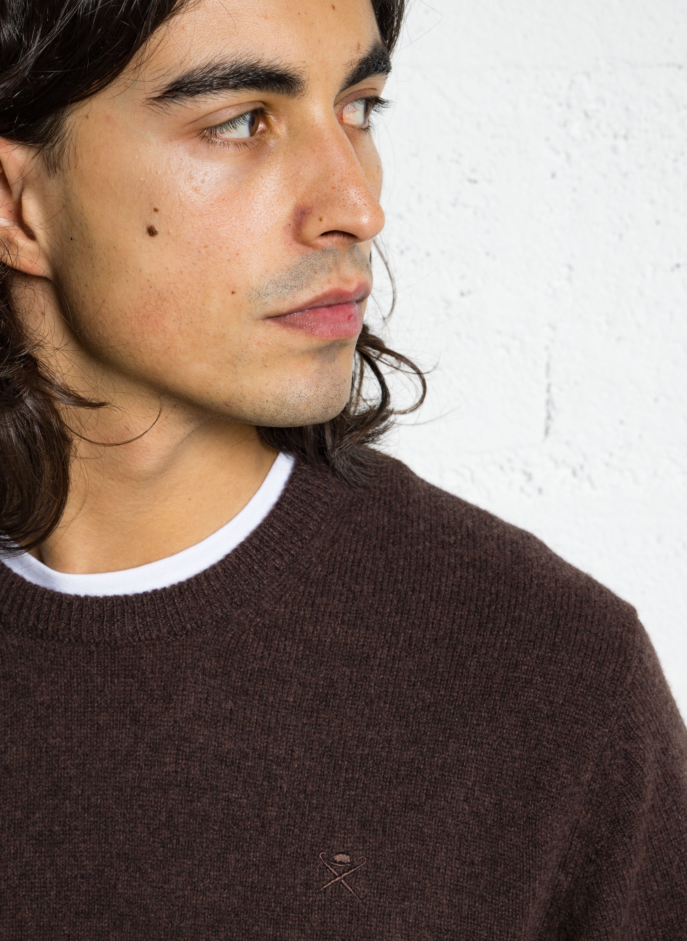 Pull col rond uni en laine HACKETT Marron