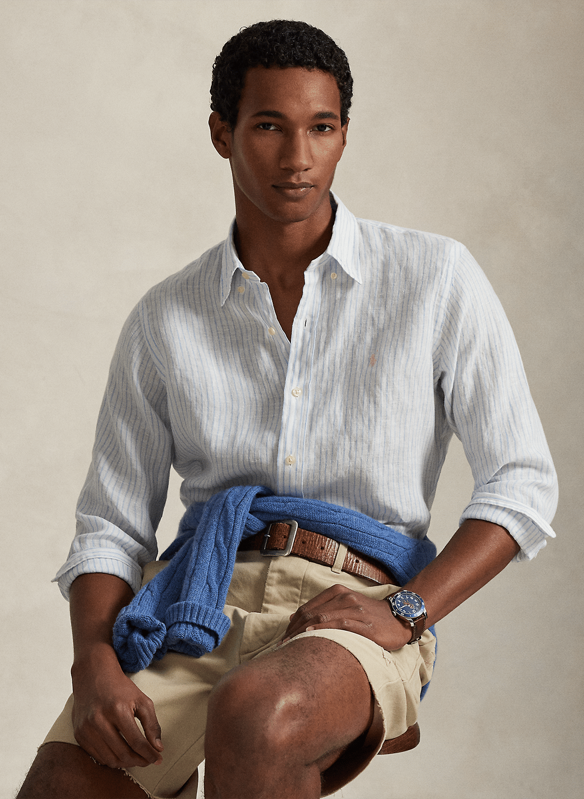 Camisa recta cuello clásico de lino a rayas POLO RALPH LAUREN Blanco