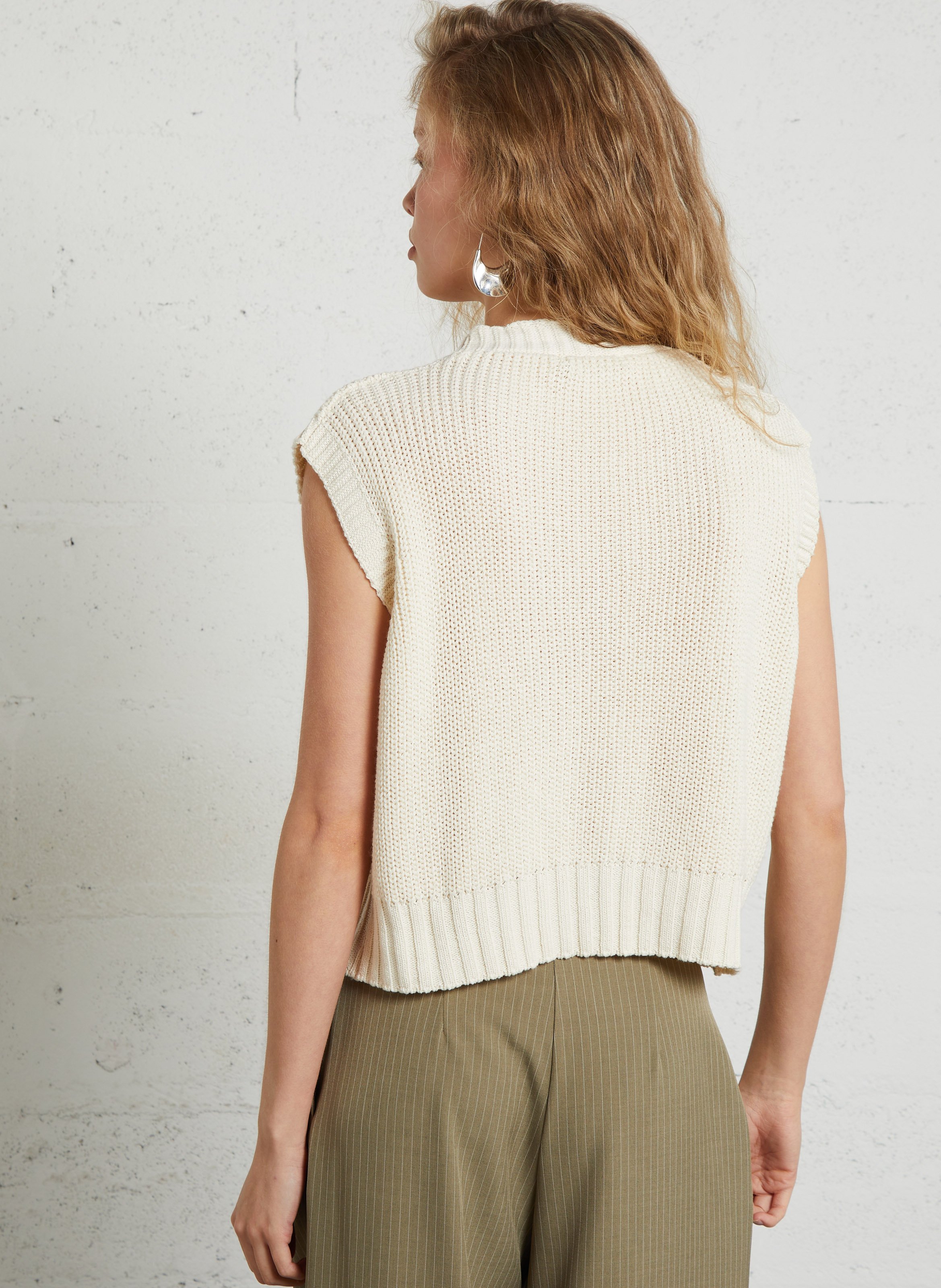 Oversized V-neck cotton blend vest PLEASE White