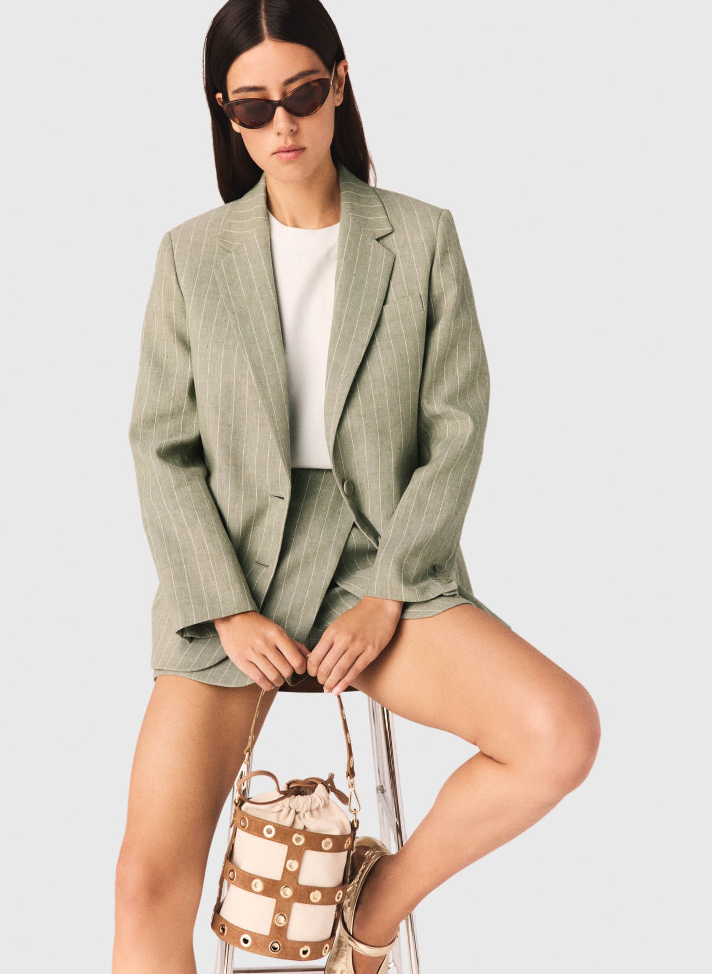 Veste de tailleur ajustée en lin mélangé MAJE Kaki