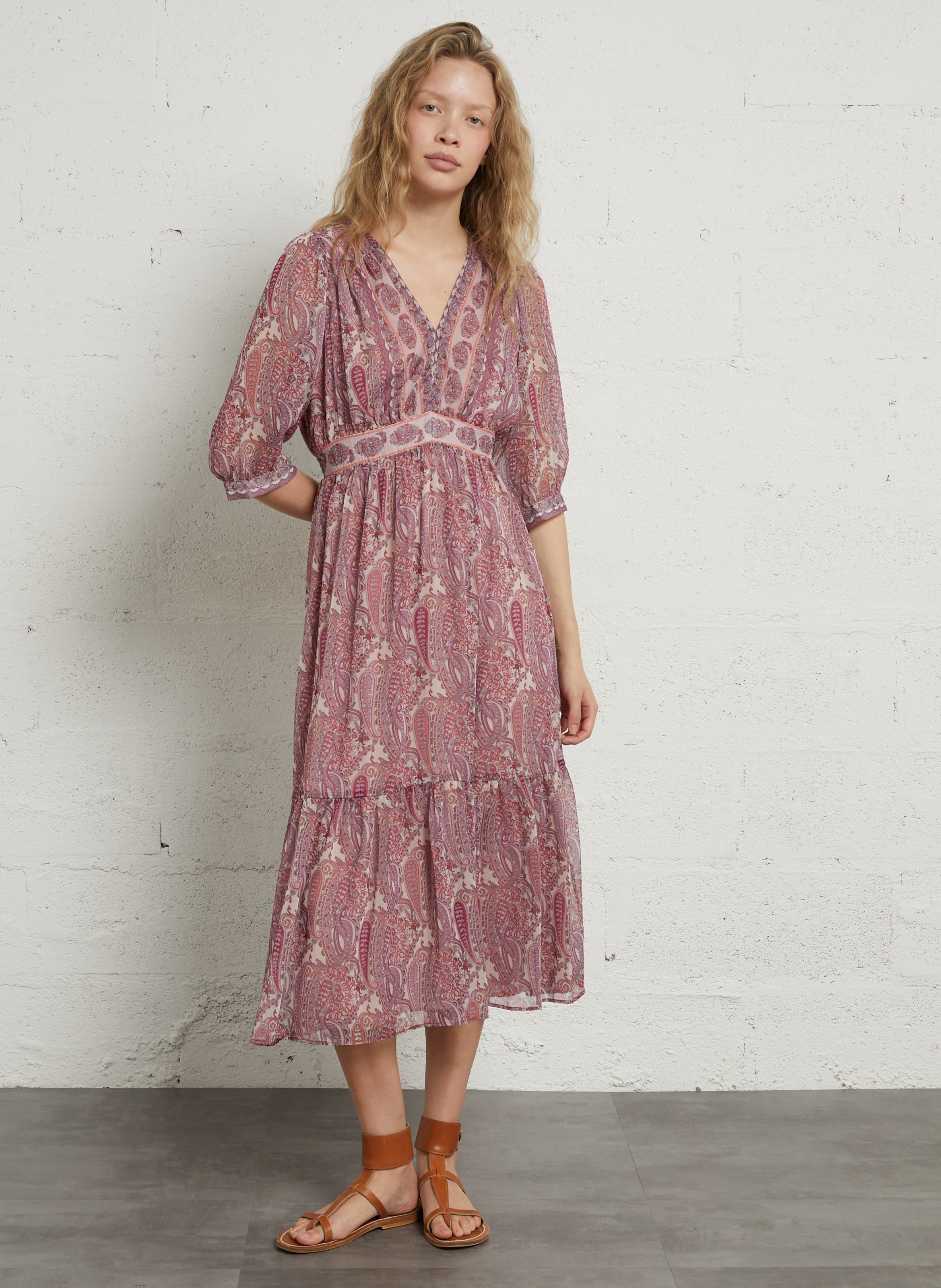 Robe longue droite col V SUD EXPRESS Rose