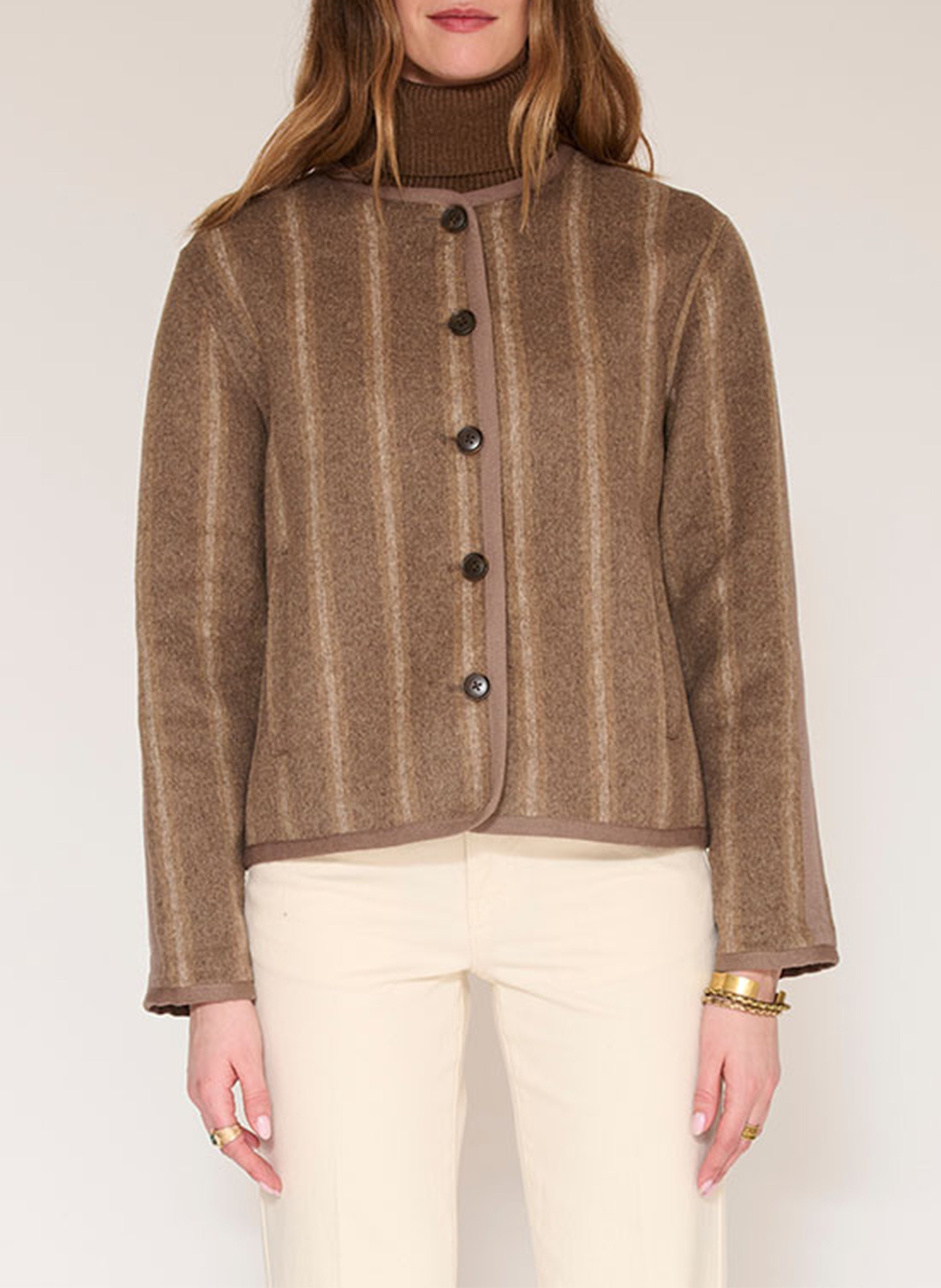 Rechte jas met ronde hals en strepen in gemengde wol MKT Bruin