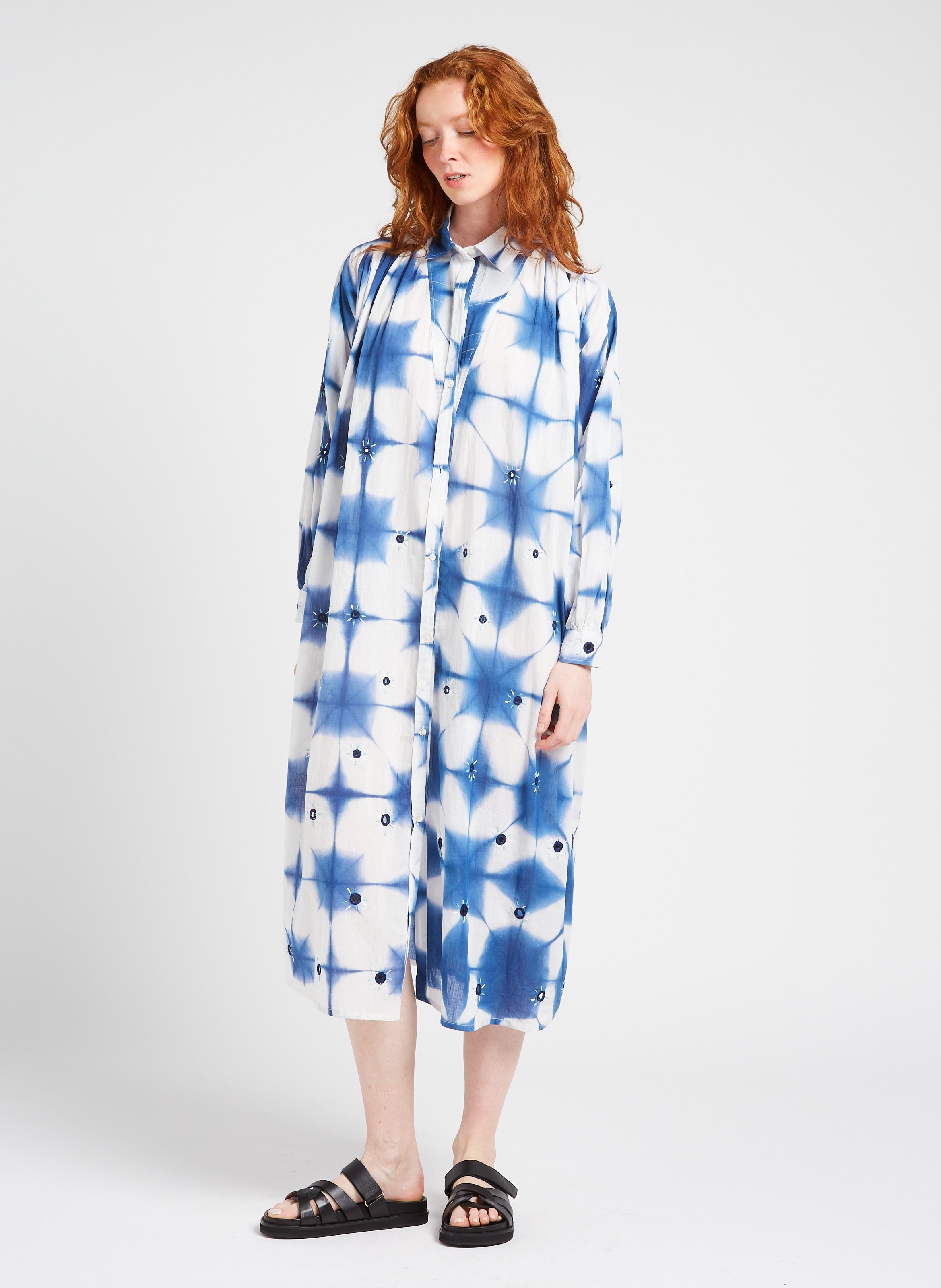 Midi shirt collar tie and dye cotton dress V DE VINSTER Blue