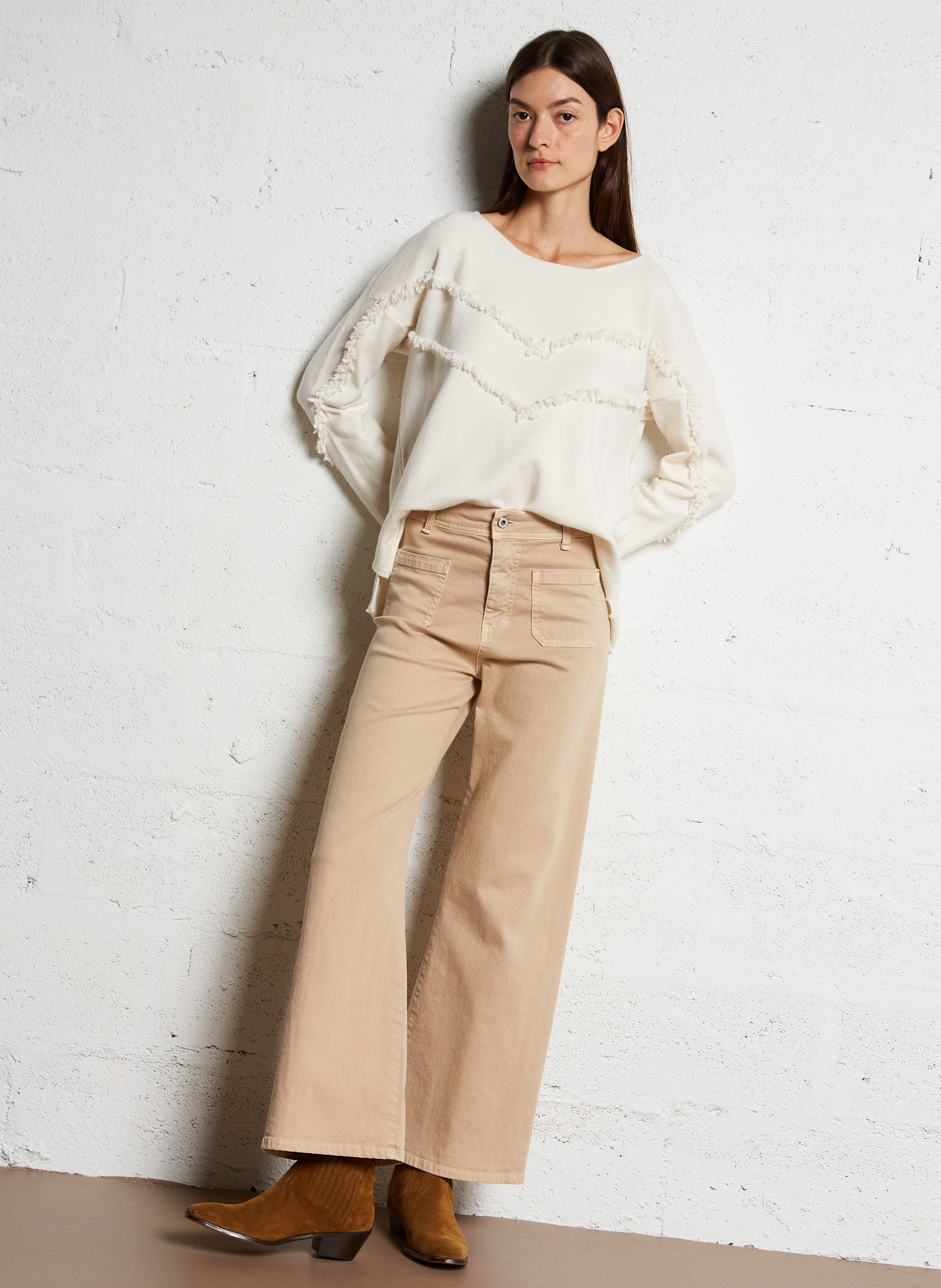High-rise wide-leg cotton jeans PLEASE Beige