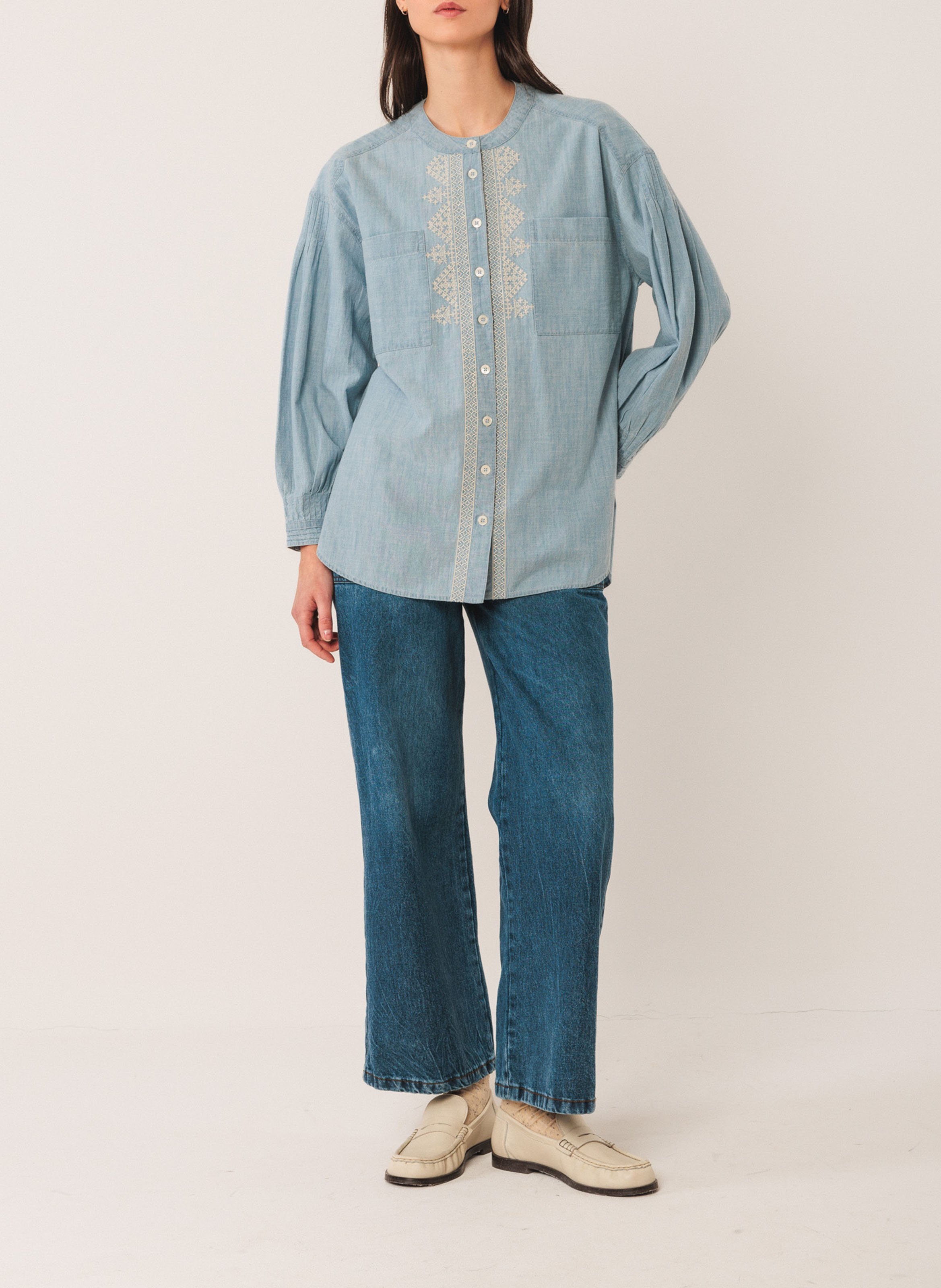 Chemise droite col rond en coton INDI & COLD Bleu