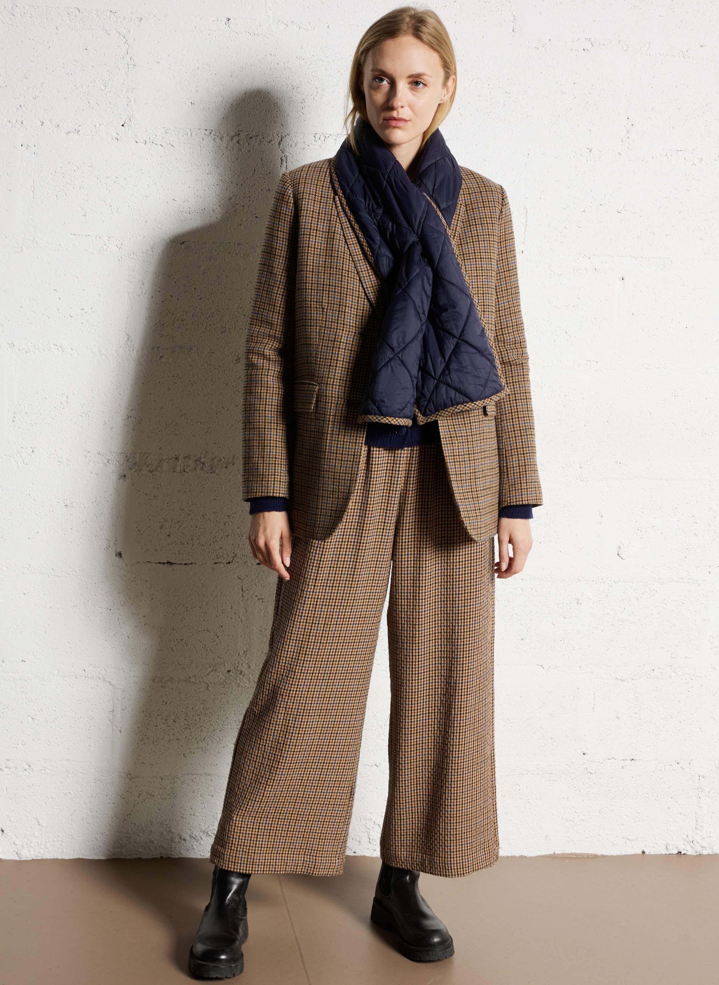 Pantalon large taille haute motif pied-de-poule NICE THINGS Beige