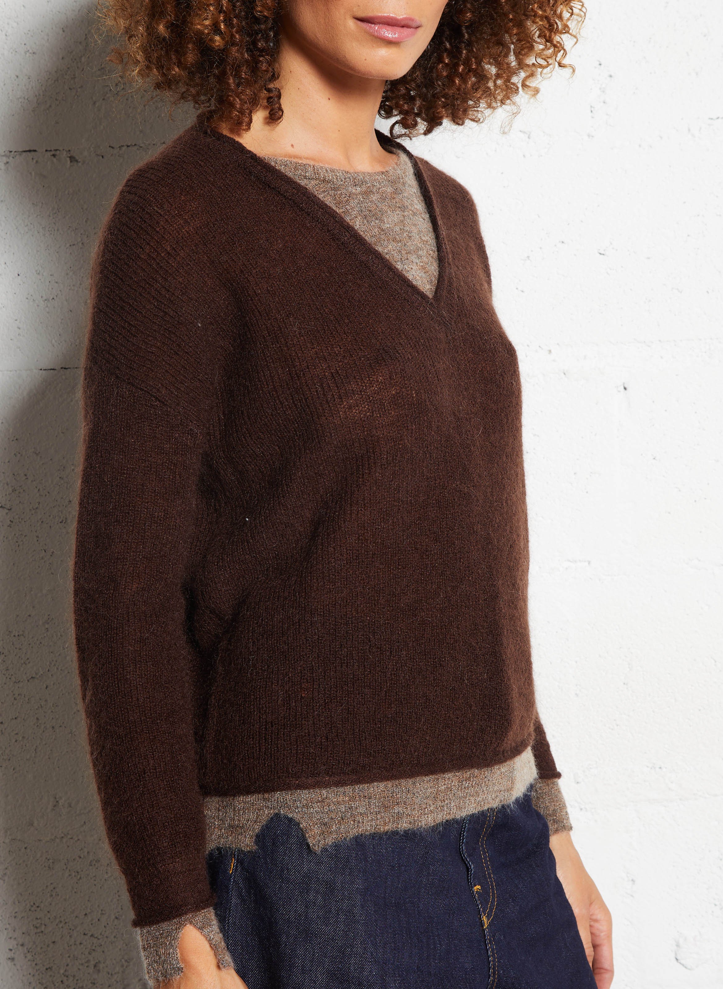 Trui met ronde hals en overlappende laag van gemengde wol LEON & HARPER Bruin