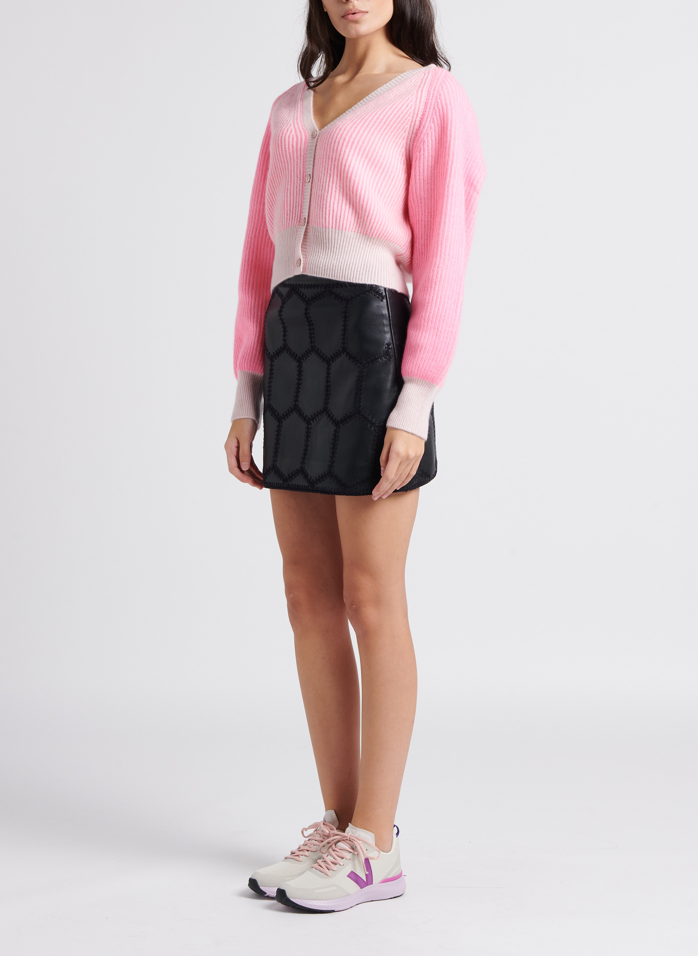 Short V-neck striped cashmere cardigan CRUSH Pink