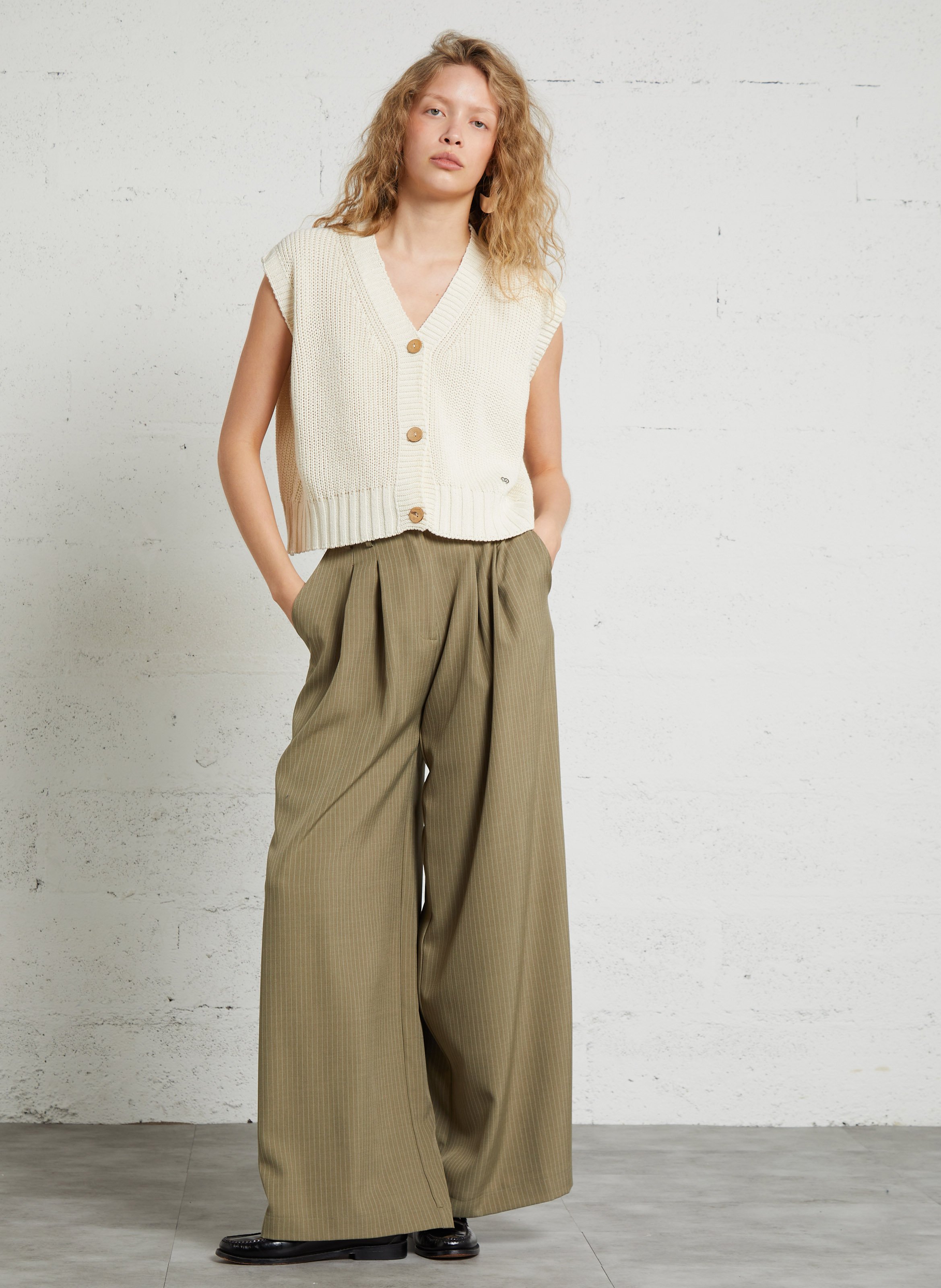 Oversized V-neck cotton blend vest PLEASE White