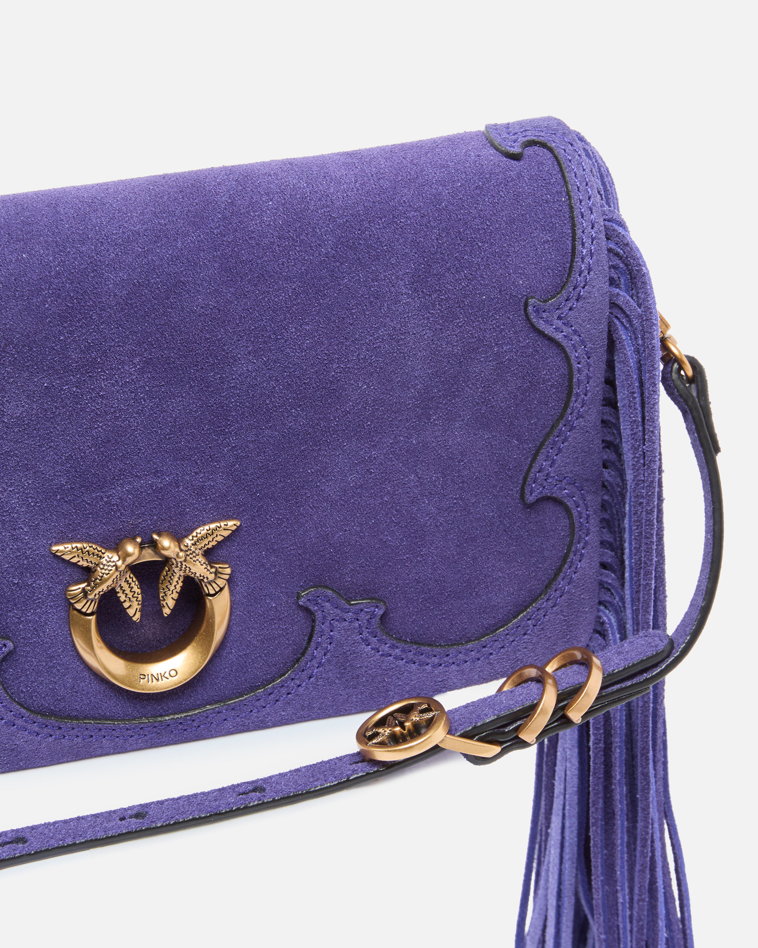 Petite pochette à bandoulière love bag click soft horizontal mini en daim à franges PINKO Violet