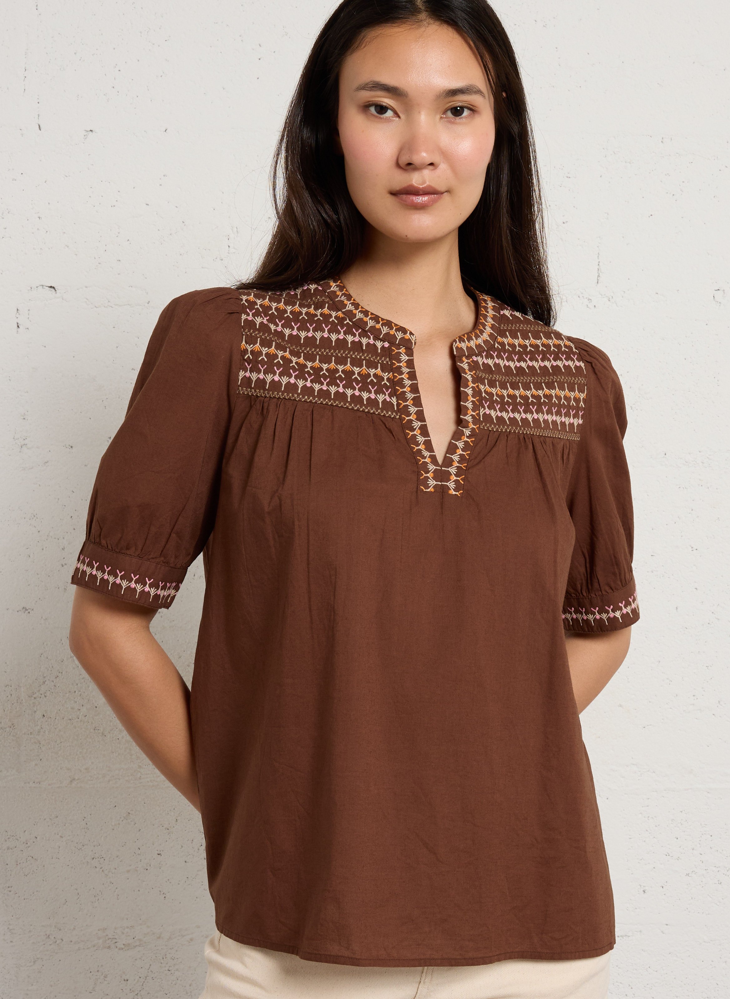 Top droit col tunisien en coton SUD EXPRESS Marron