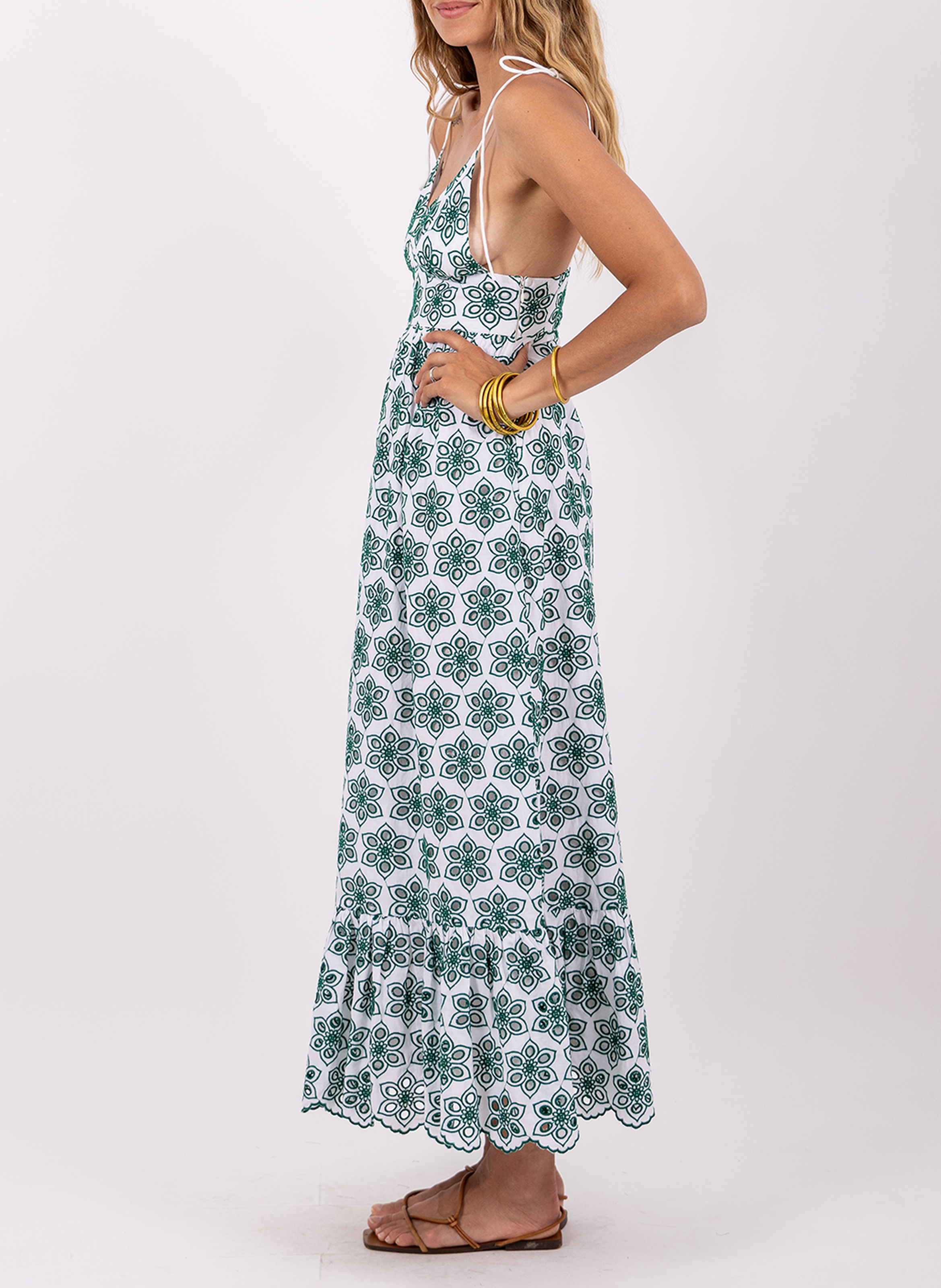 Long embroidered dress with thin straps SUNDRESS Green
