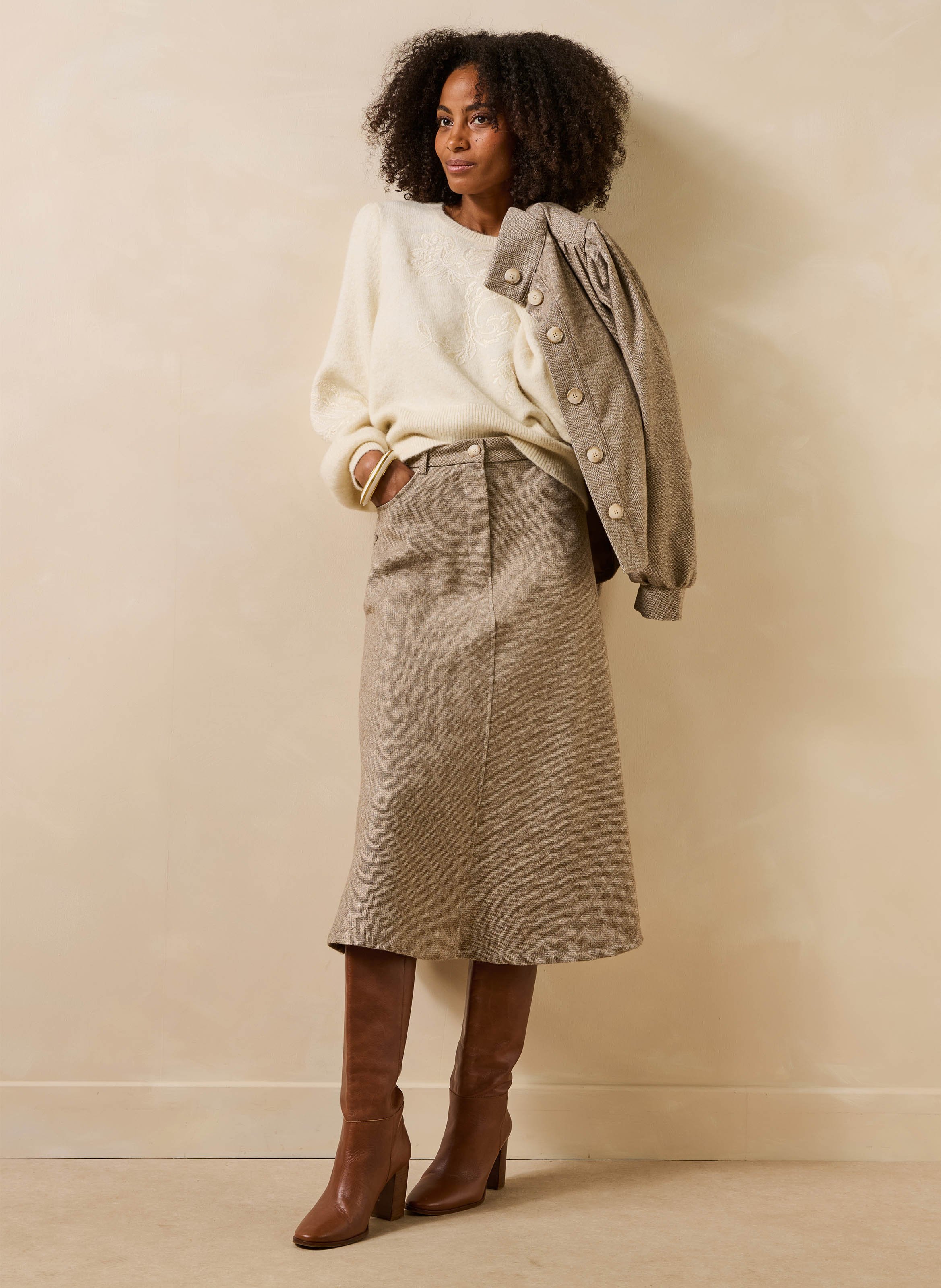 Jupe midi forme trapèze en tweed LA FEE MARABOUTEE Beige