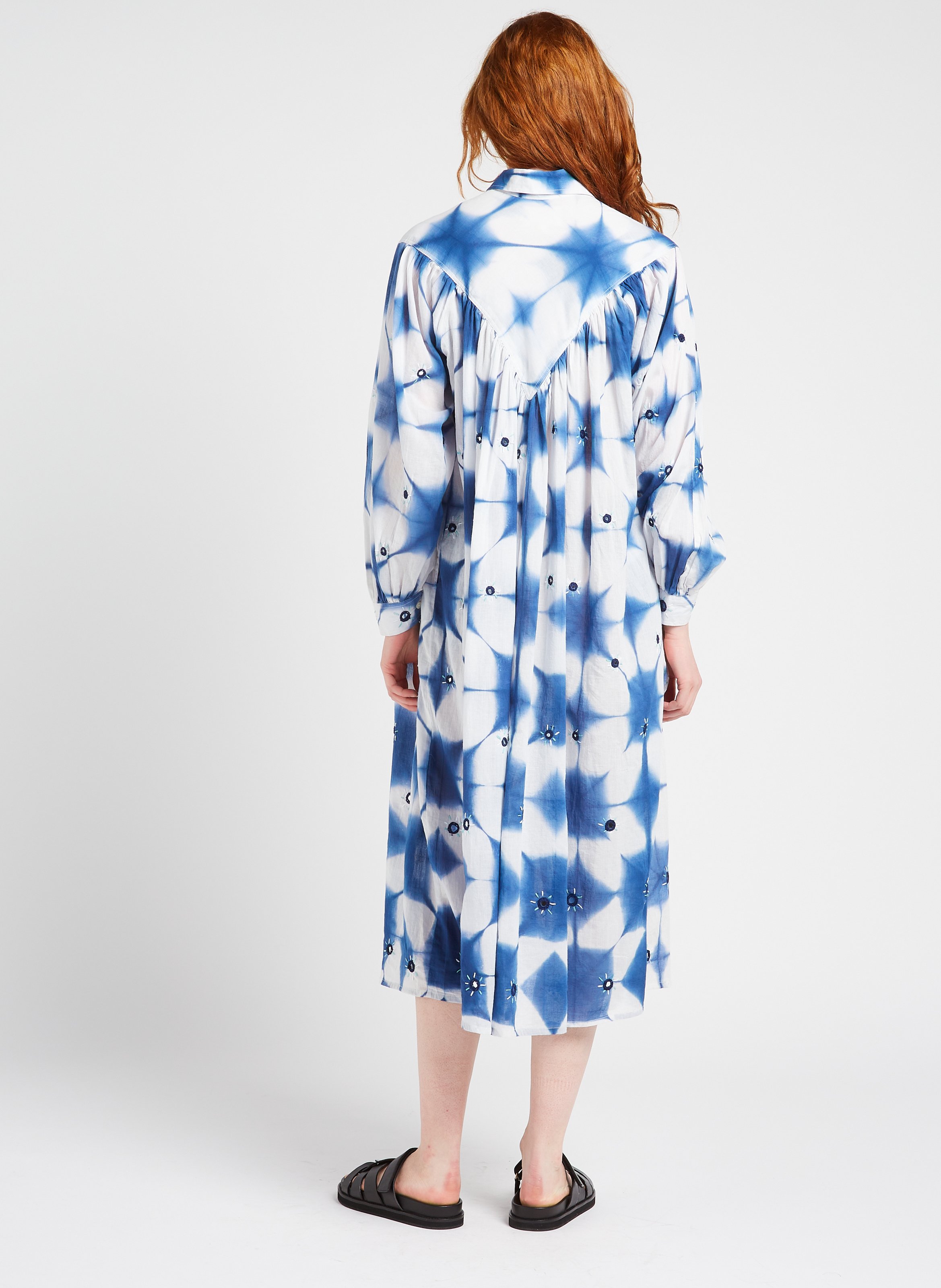 Midi shirt collar tie and dye cotton dress V DE VINSTER Blue