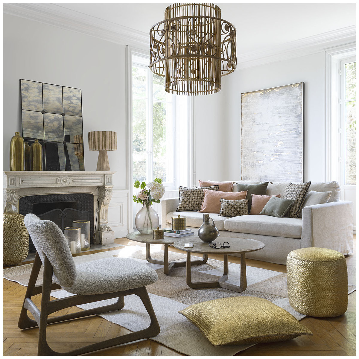 Pouf rond en jute BLANC D'IVOIRE Doré