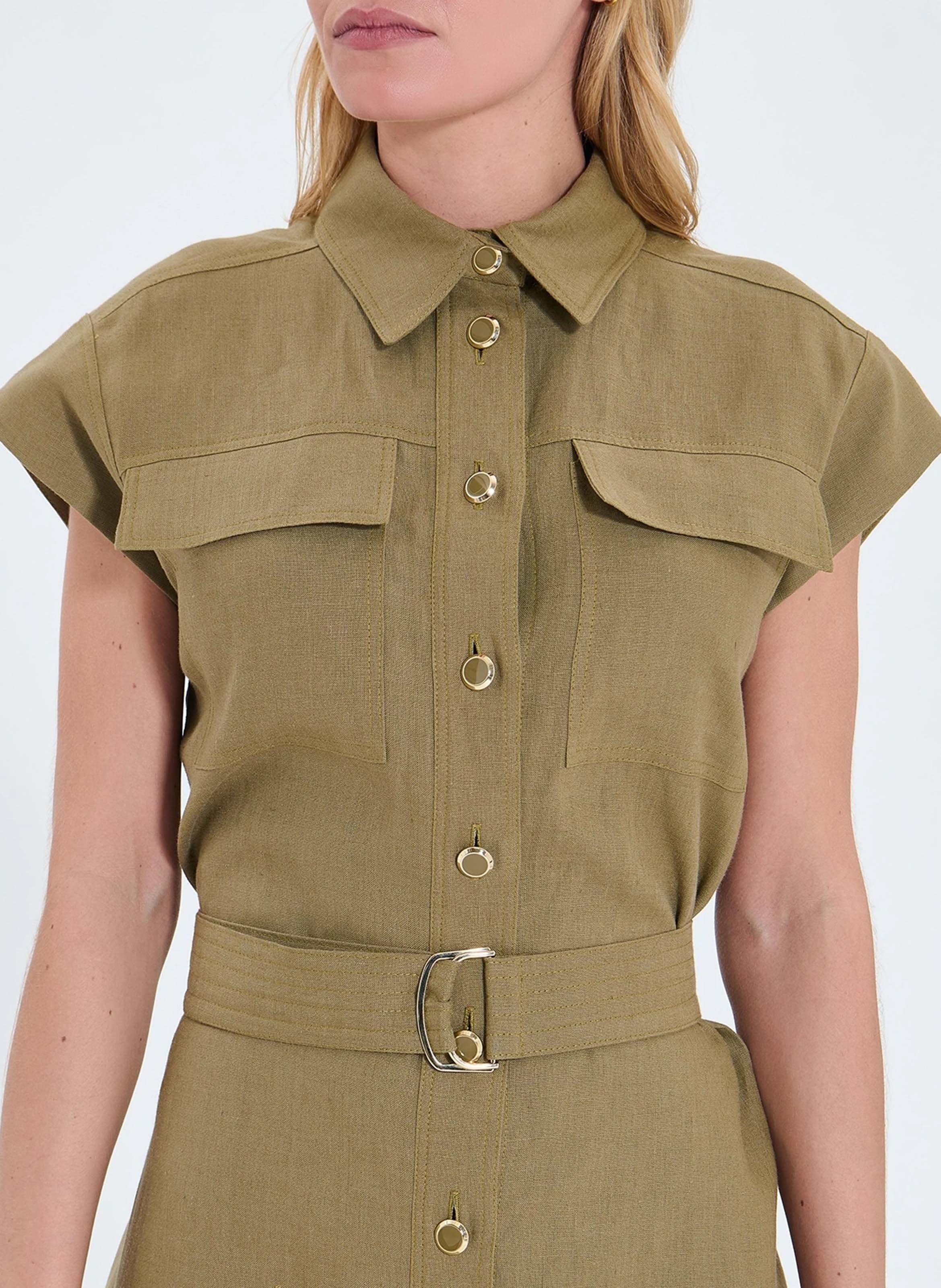 Short linen shirt dress with belt ZAPA Khaki