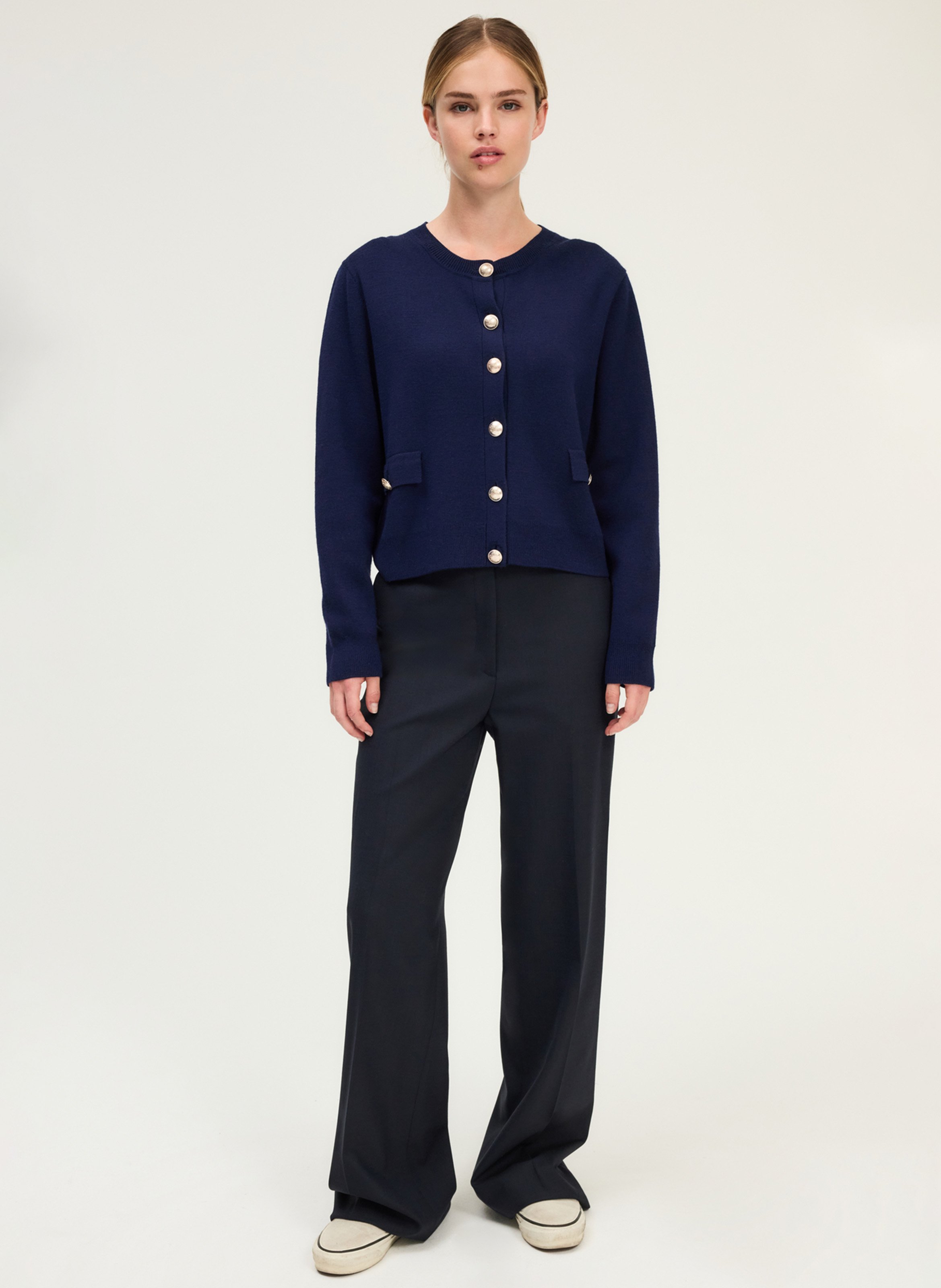 Gilet droit col rond en laine mélangée PABLO Bleu