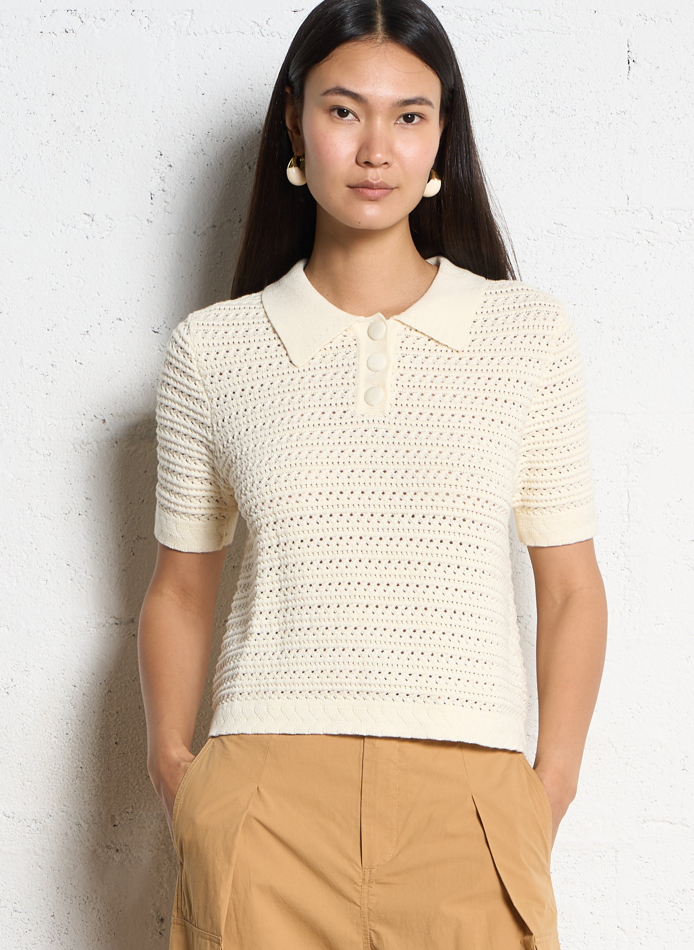 Pull col polo en crochet uni SUNCOO Blanc