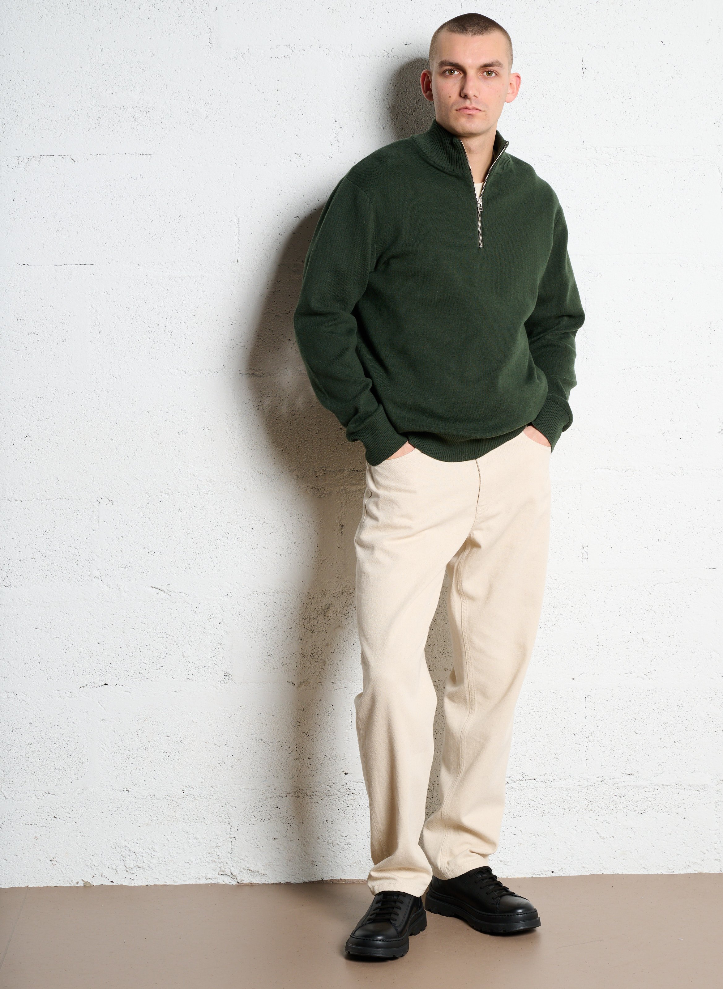 Straight fit trucker collar sweater in blended organic cotton MINIMUM Green