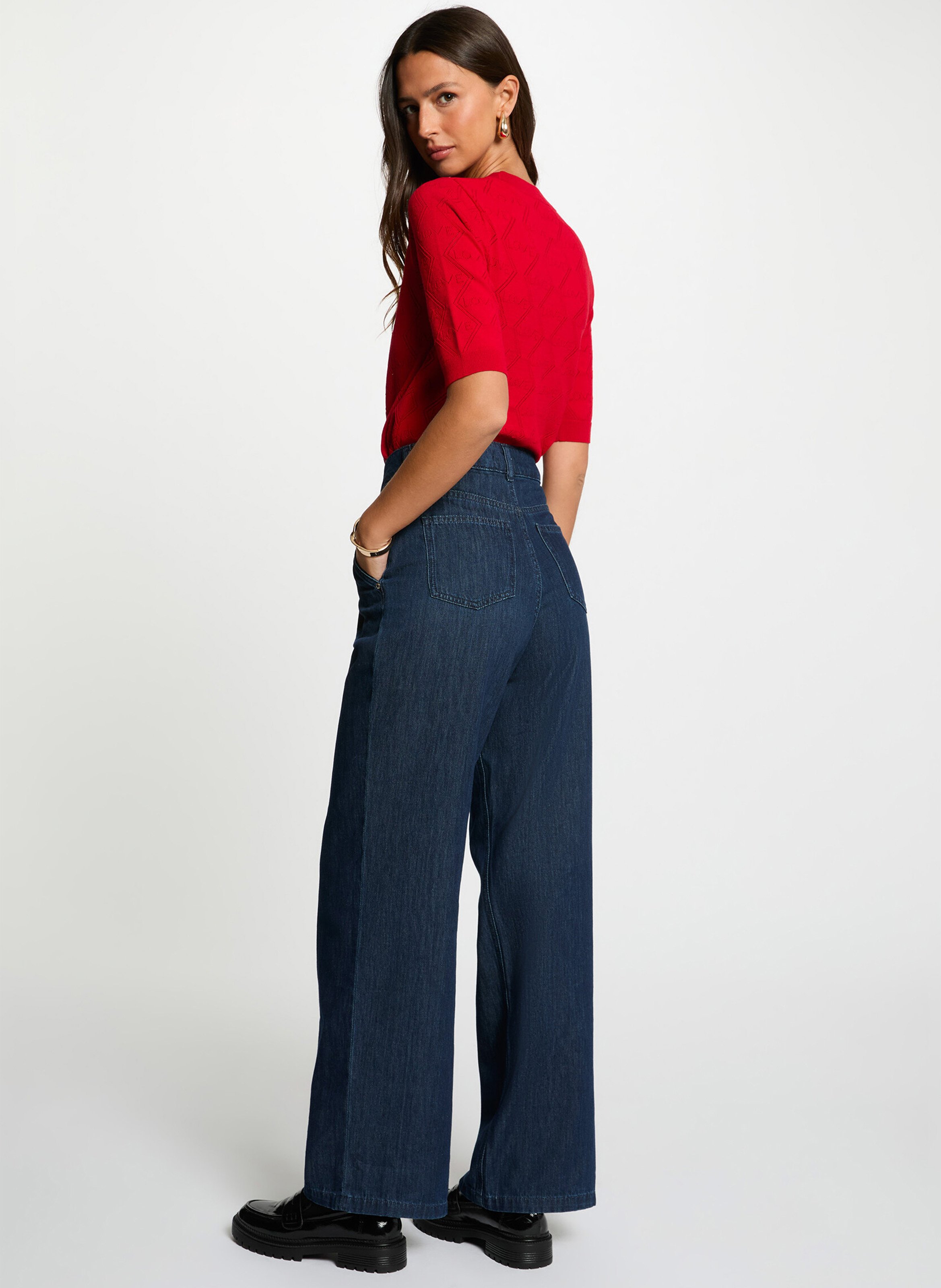 Pull droit col rond à détails ajourés Rouge