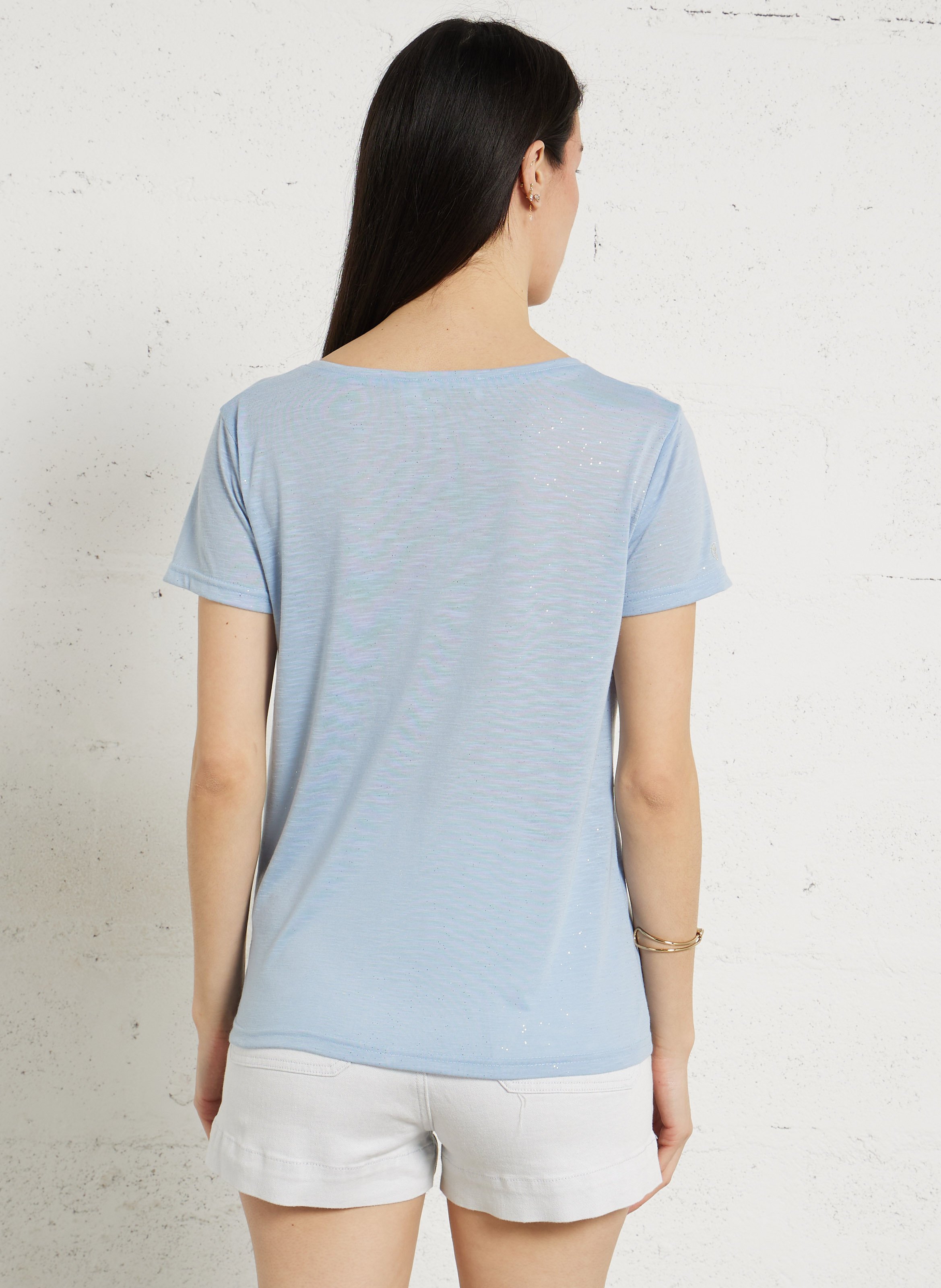 Tee-shirt col V droit pailleté LA PETITE ETOILE Bleu