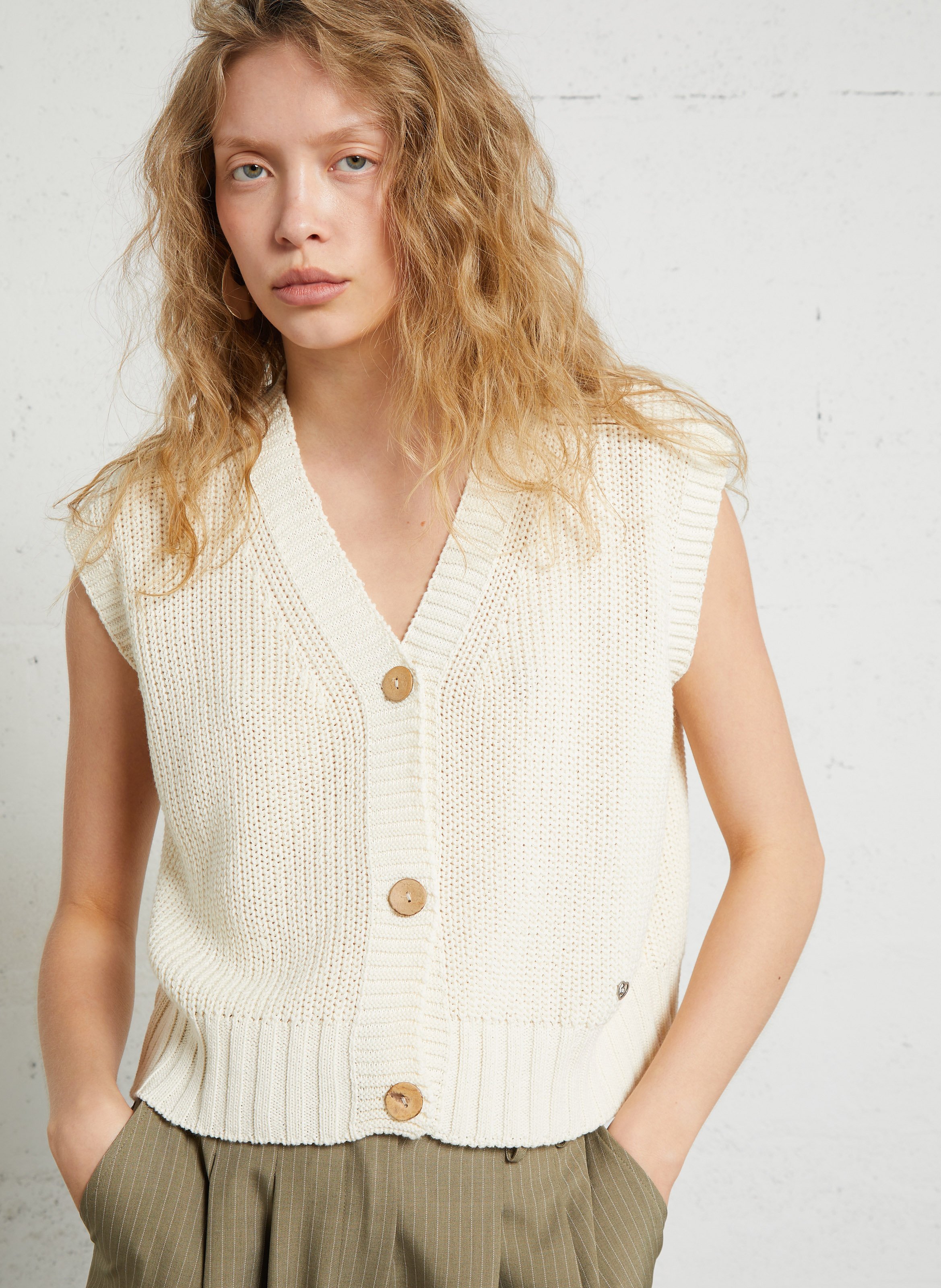 Oversized V-neck cotton blend vest PLEASE White
