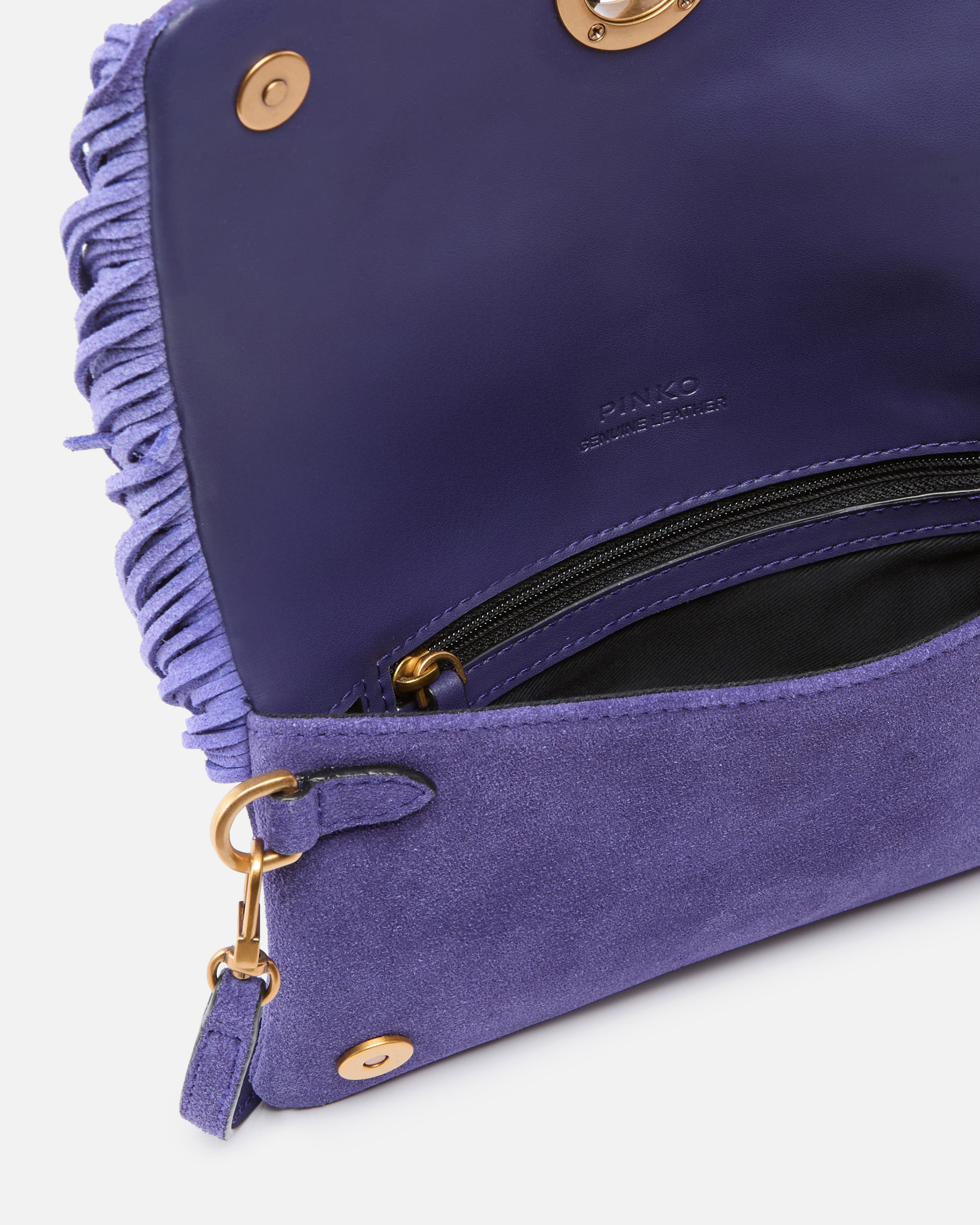 Petite pochette à bandoulière love bag click soft horizontal mini en daim à franges PINKO Violet