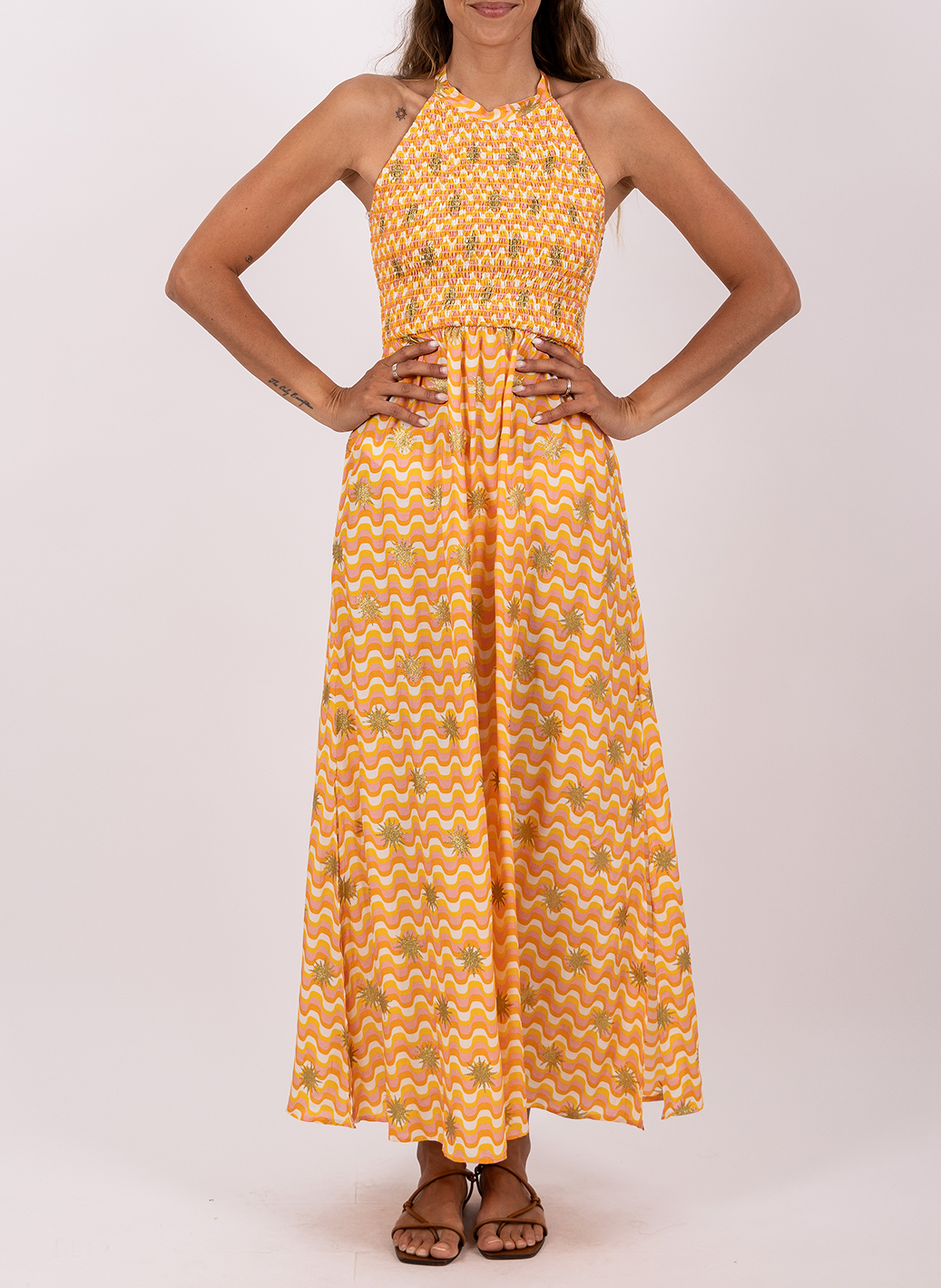 Sleeveless long dress with patterns SUNDRESS Yellow