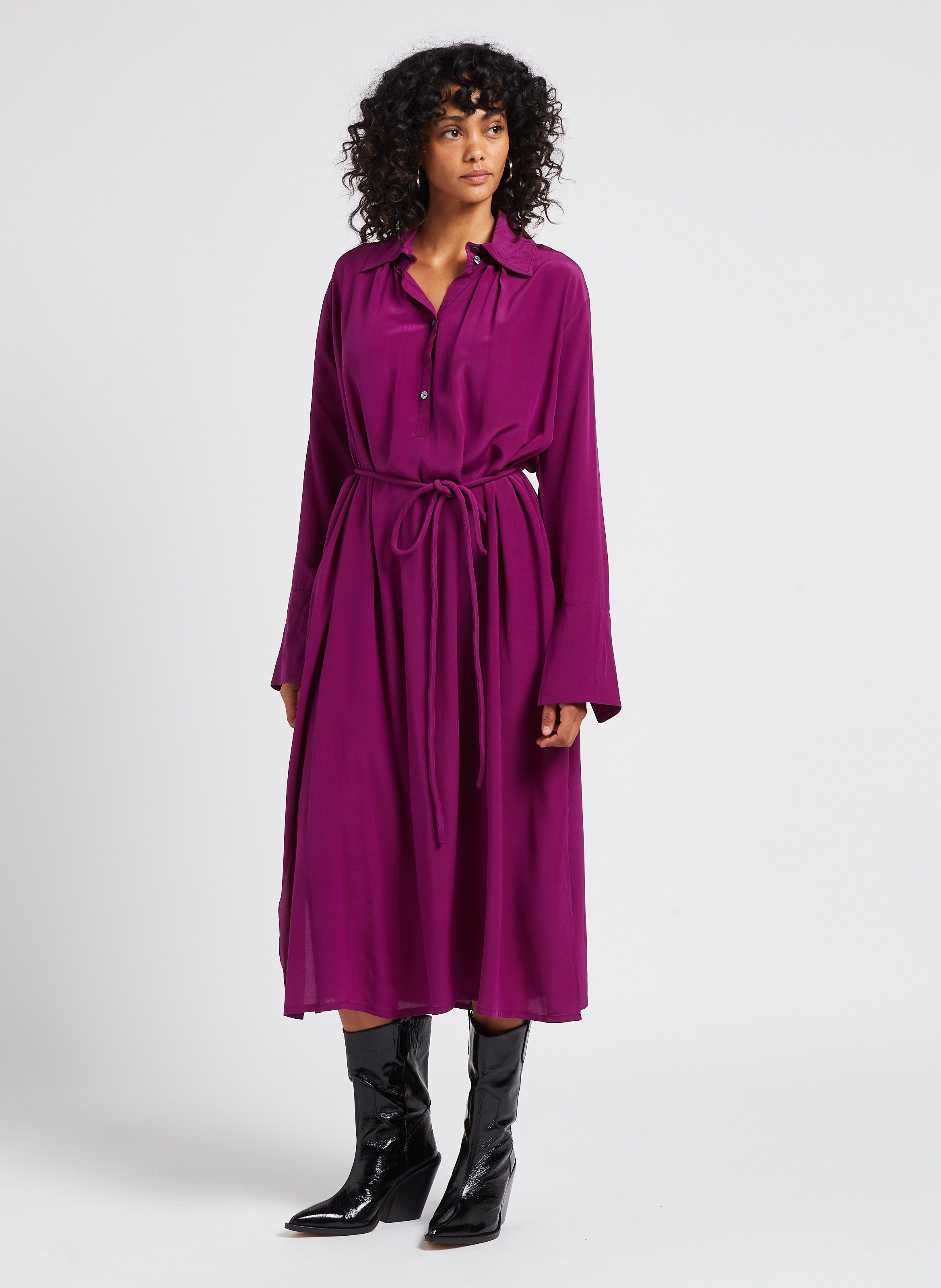 Long Silk Dress With Shirt Collar Deep Purple Valentine Gauthier