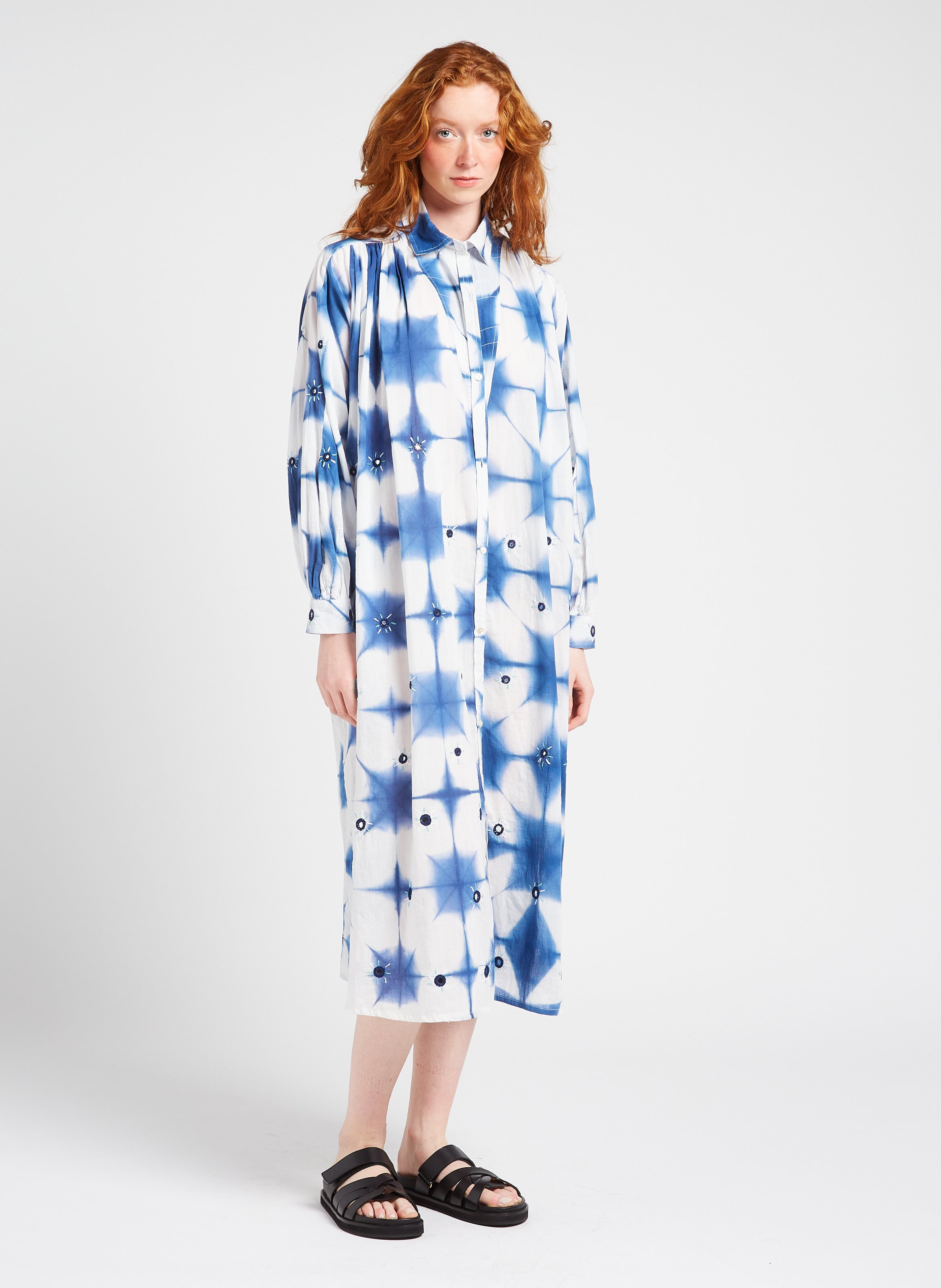 Midi shirt collar tie and dye cotton dress V DE VINSTER Blue