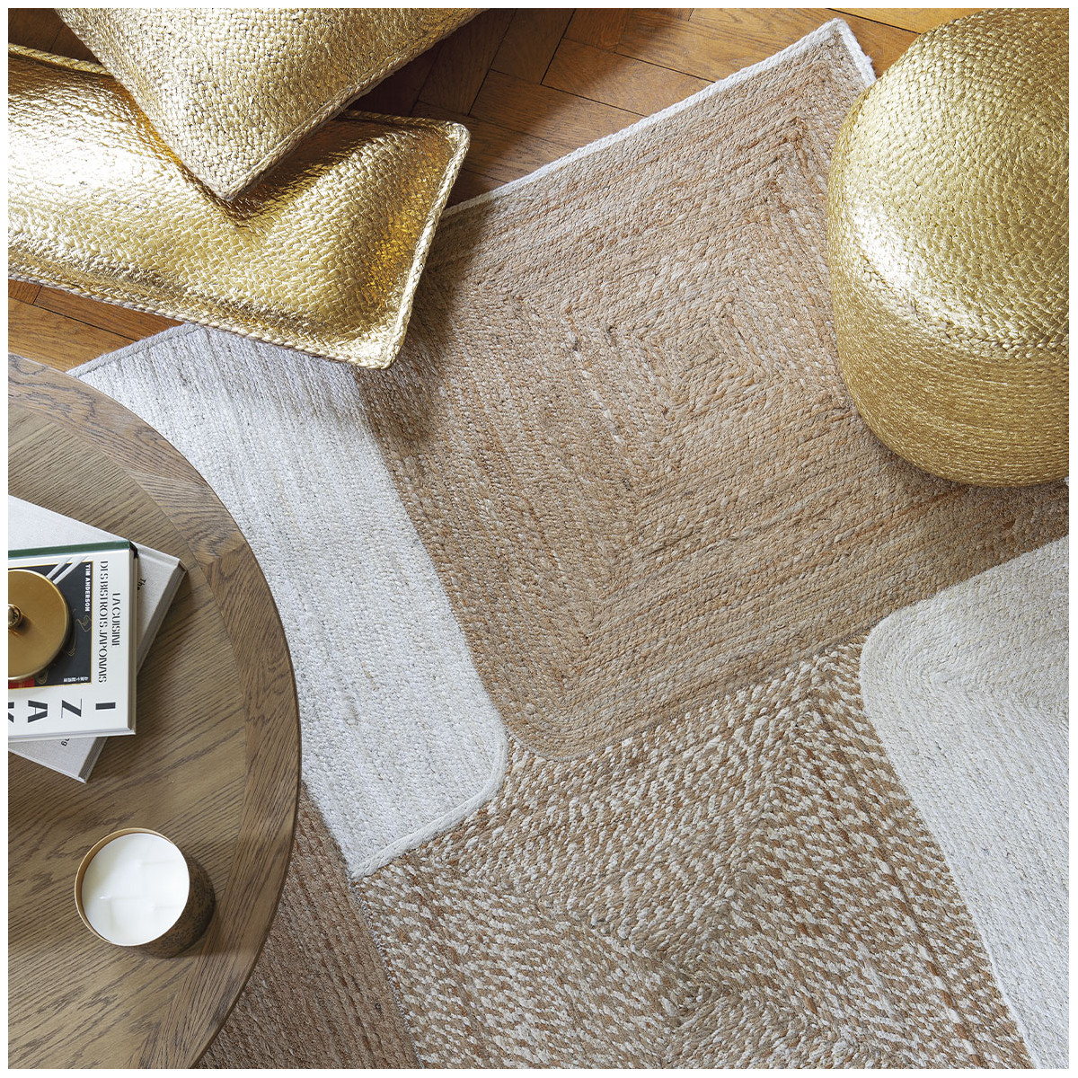 Pouf rond en jute BLANC D'IVOIRE Doré