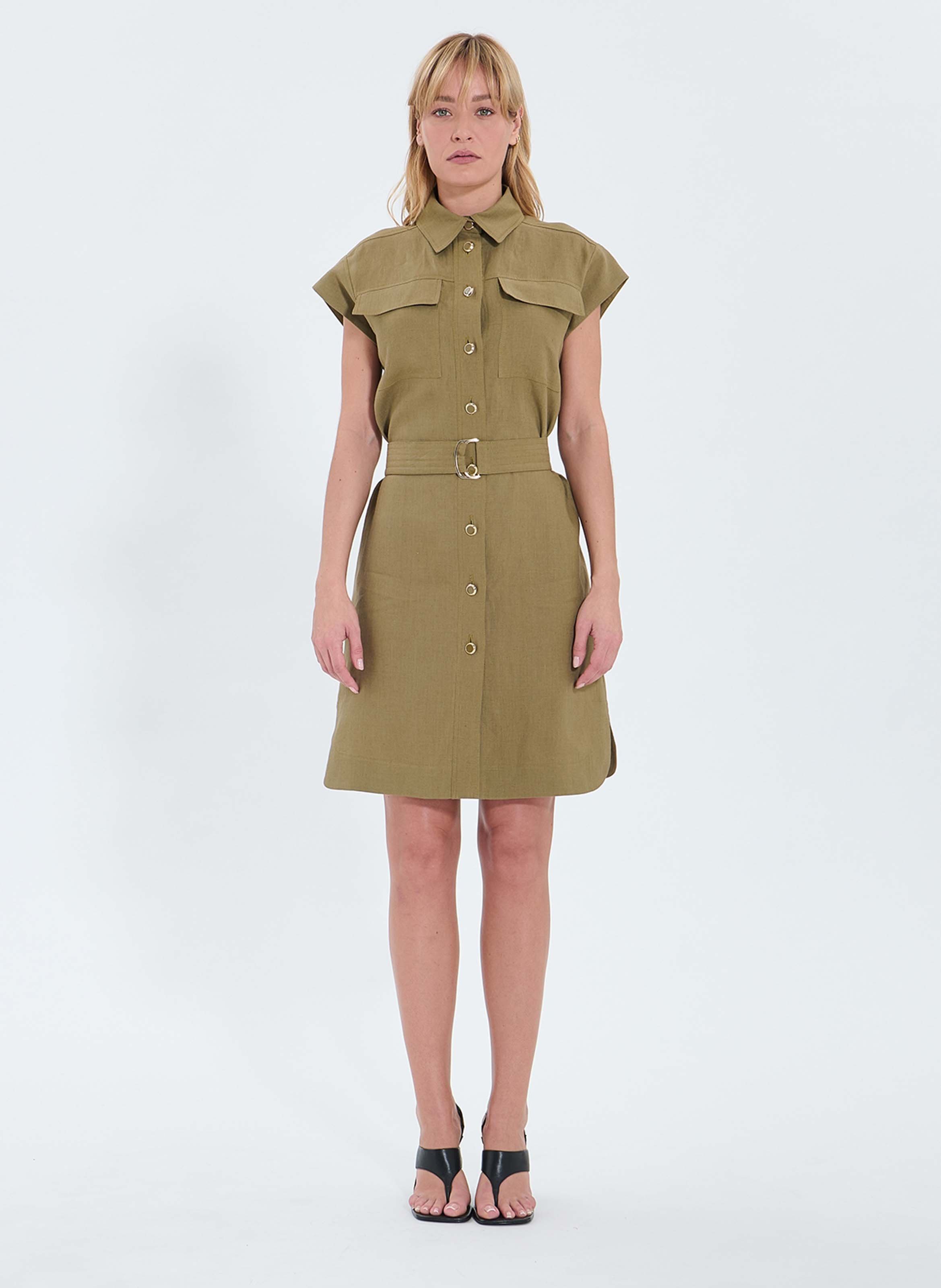Short linen shirt dress with belt ZAPA Khaki