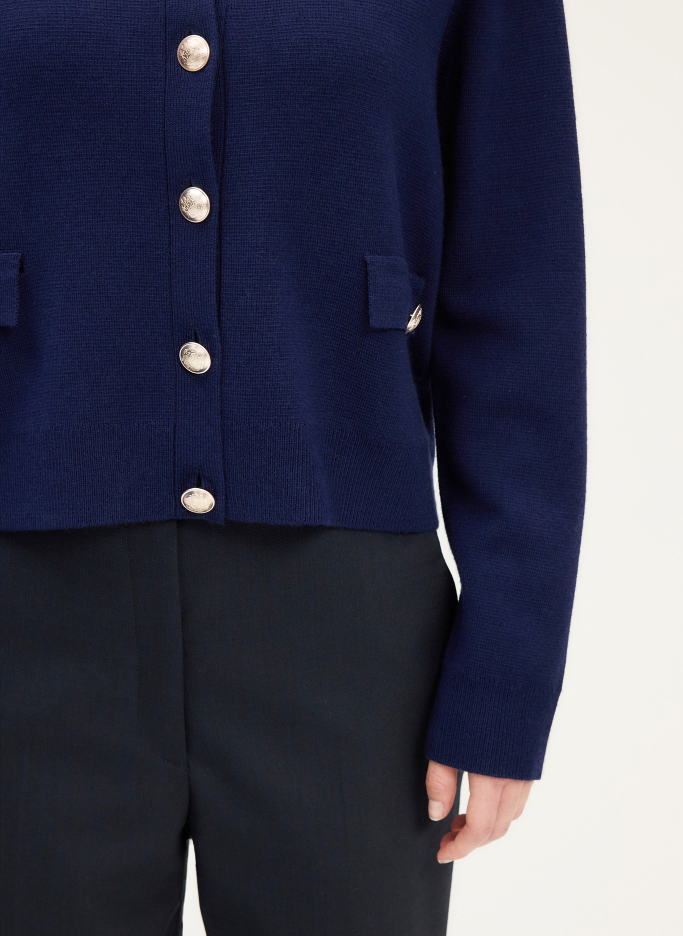 Gilet droit col rond en laine mélangée PABLO Bleu