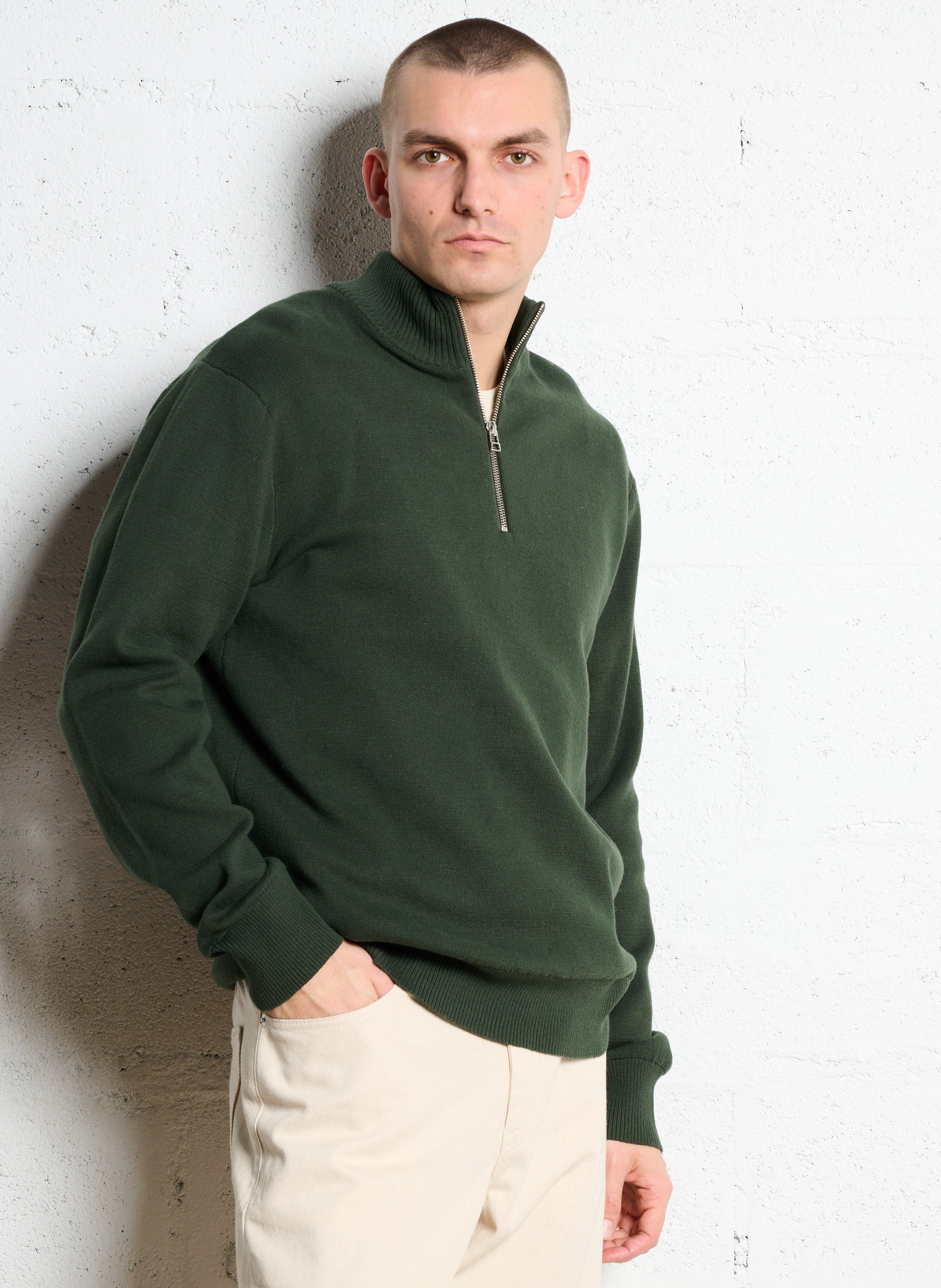 Straight fit trucker collar sweater in blended organic cotton MINIMUM Green
