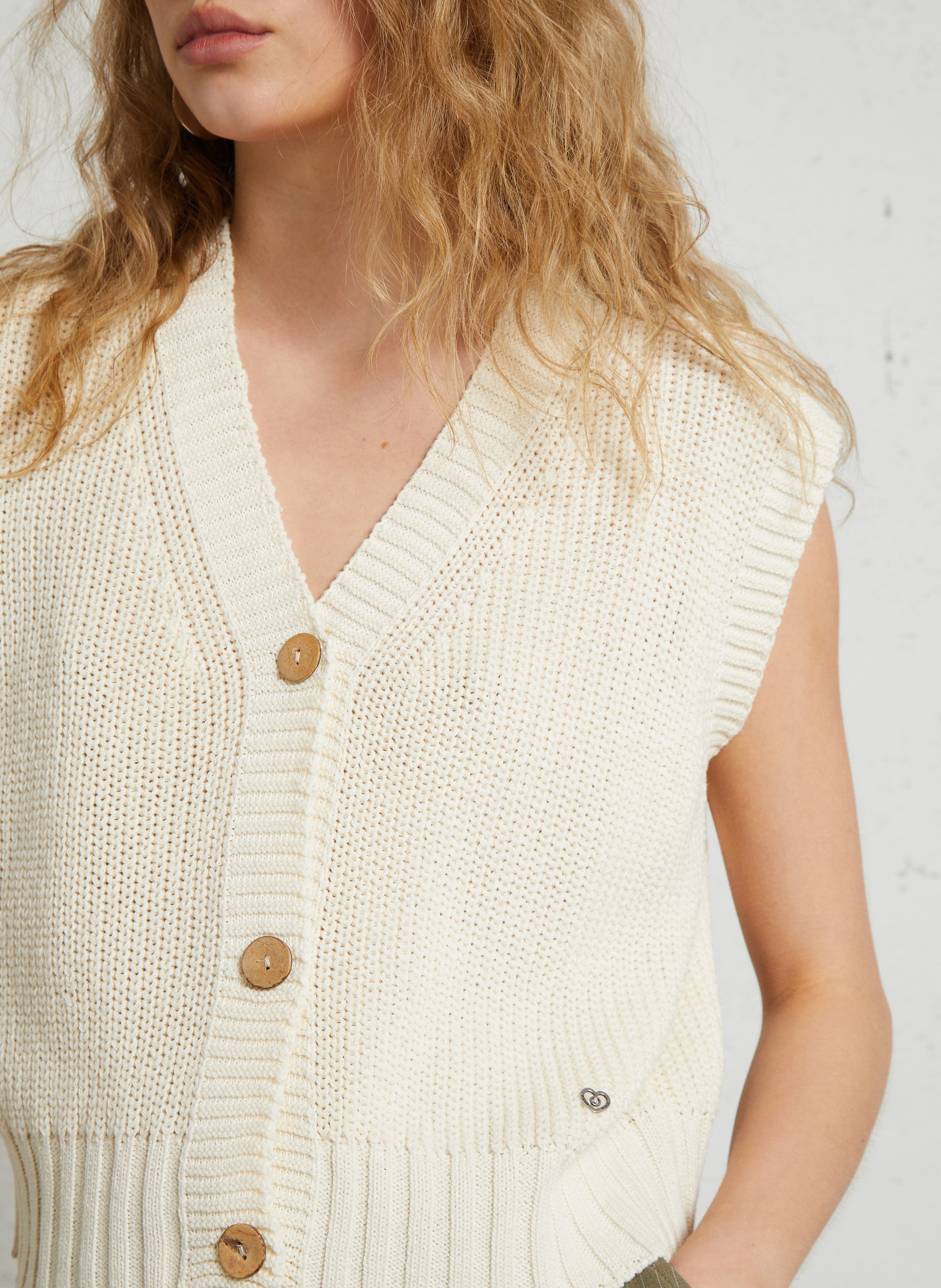 Oversized V-neck cotton blend vest PLEASE White